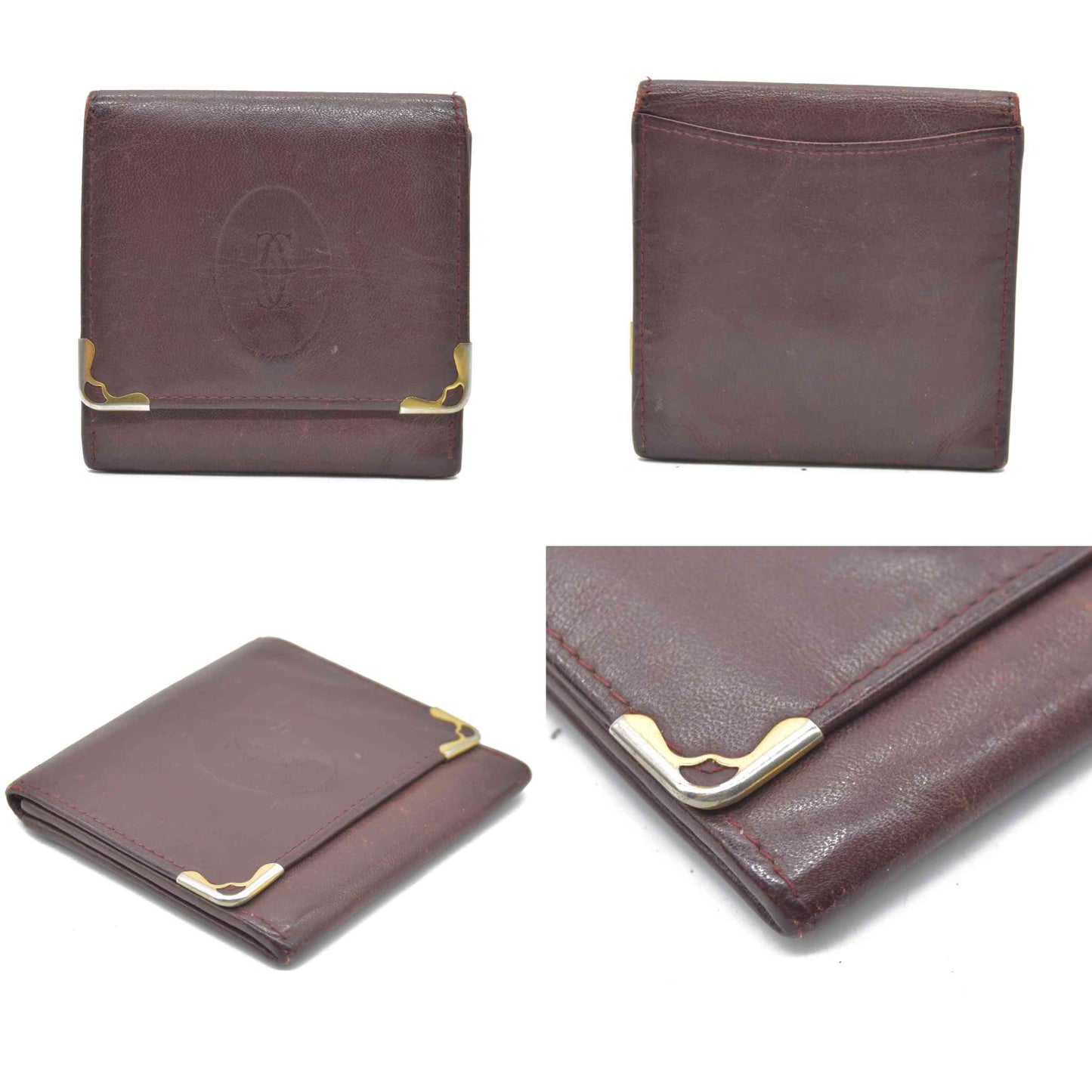 $580 Cartier Vintage Leather Square Coin Purse Wallet Burgundy CONSIGNMENT