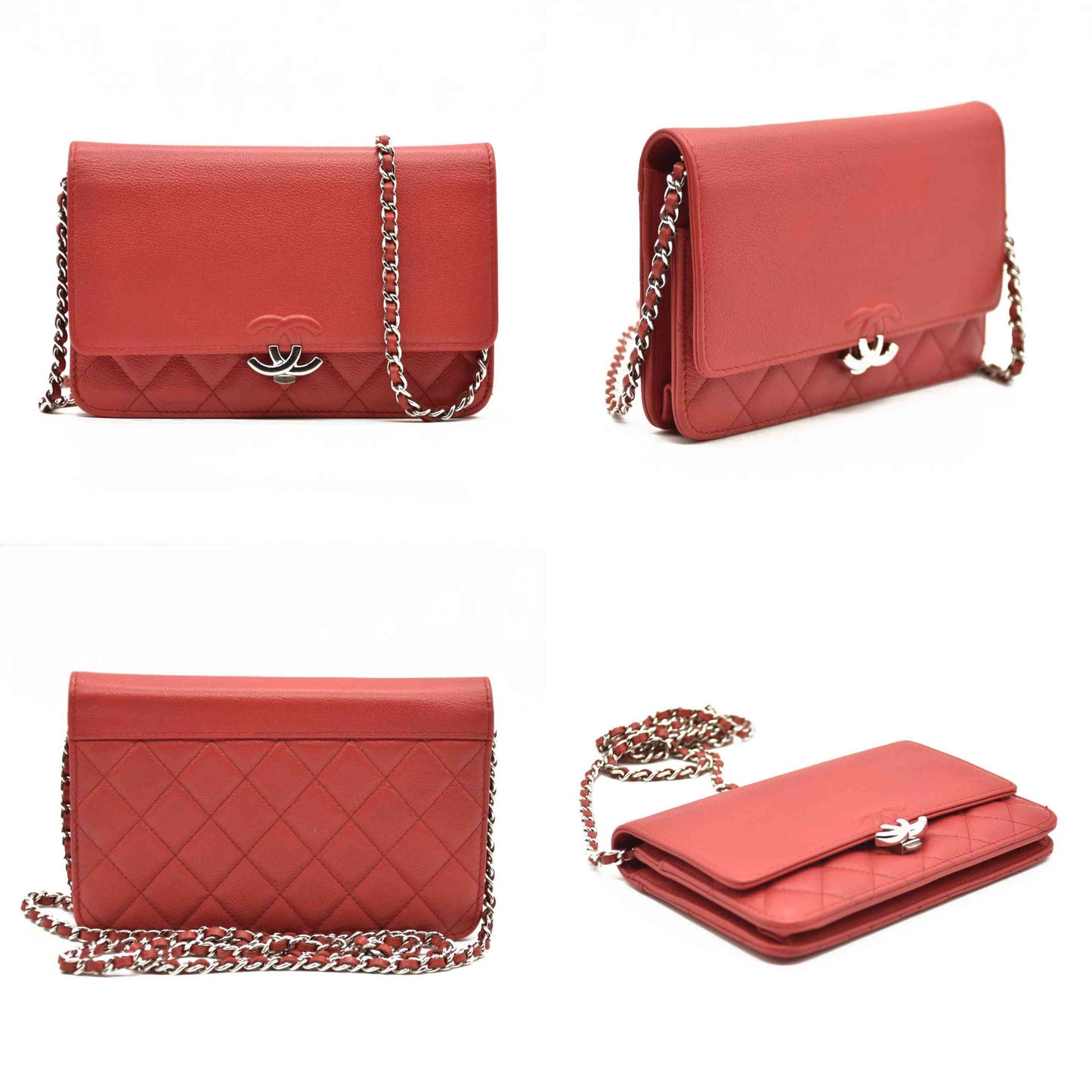 CHANEL Grained Calfskin Quilted CC Box Wallet On Chain WOC Red 27*