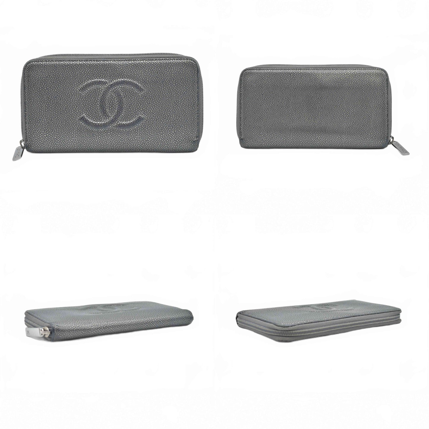 $1375 2014 CHANEL CC Logo Timeless Caviar Zip Around Long Wallet Metallic Silver