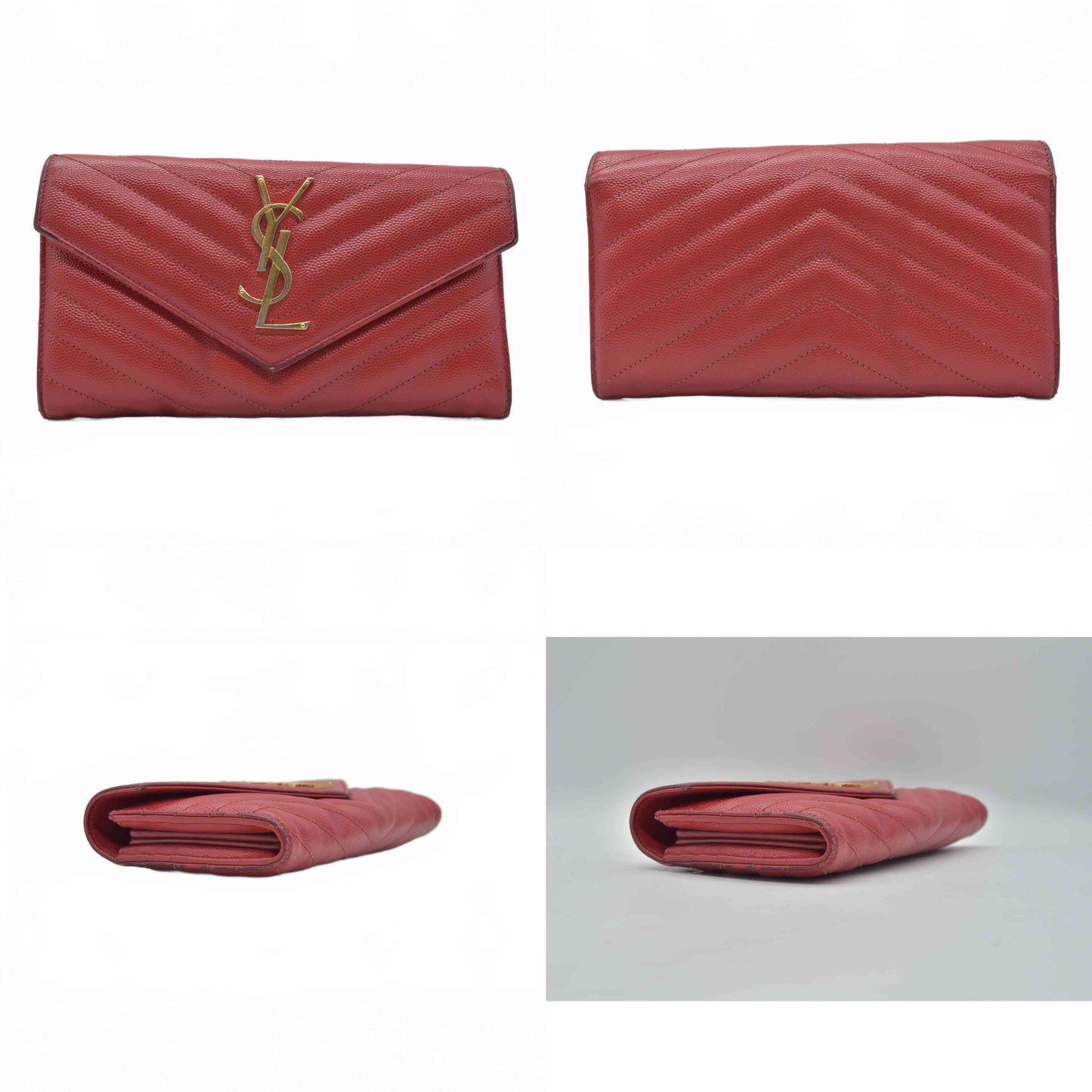 $750 Saint Laurent Grain De Poudre Matelasse Chevron Monogram Flap Wallet Red