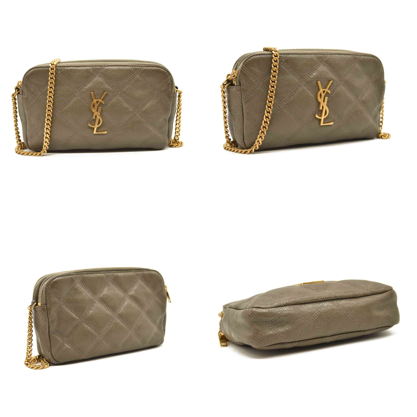 Saint Laurent  Grained Lambskin Quilted Mini Becky Double Zip Bag Taupe