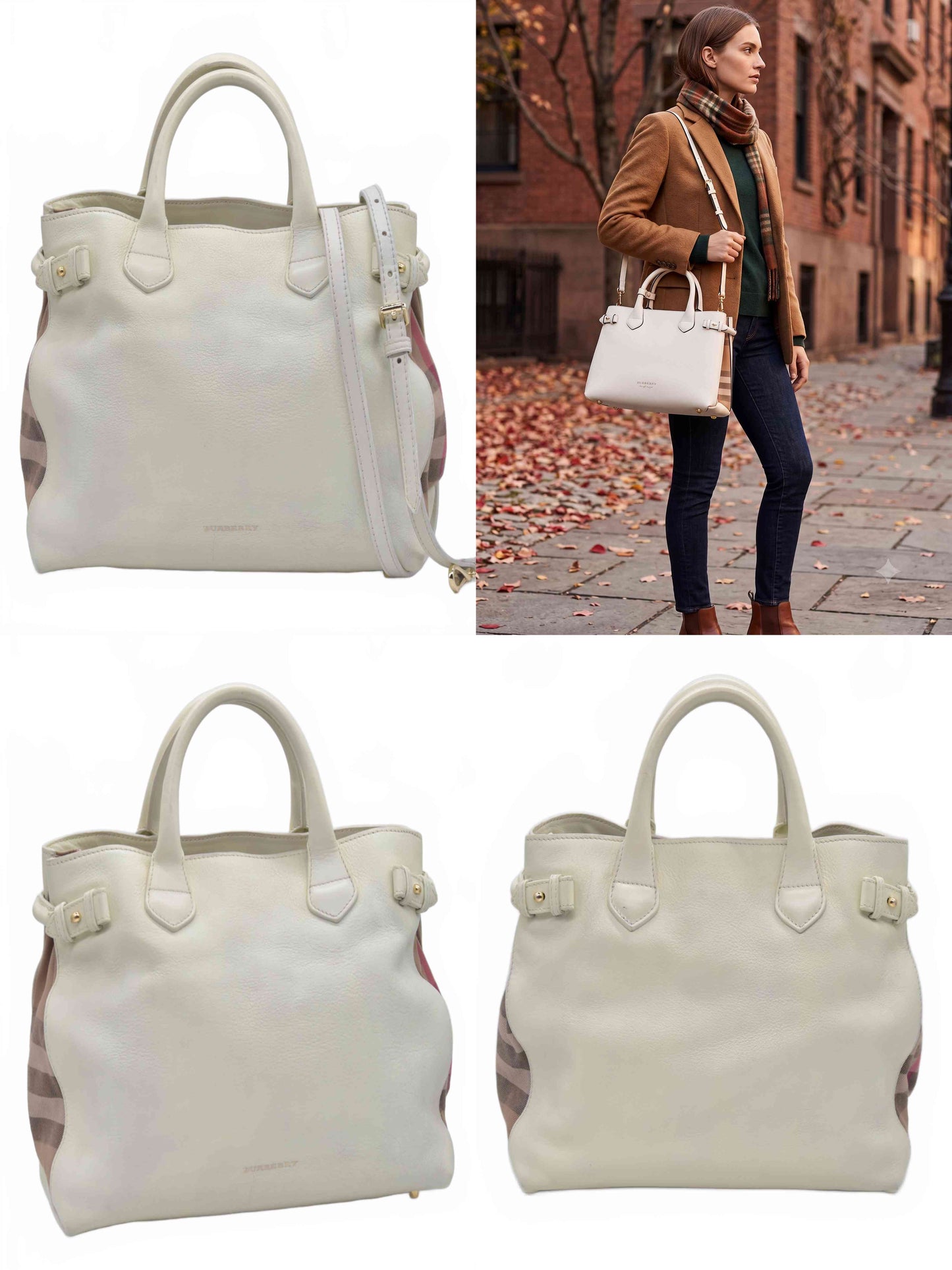 $1795 Burberry Derby Calfskin House Check Medium Banner Tote Green