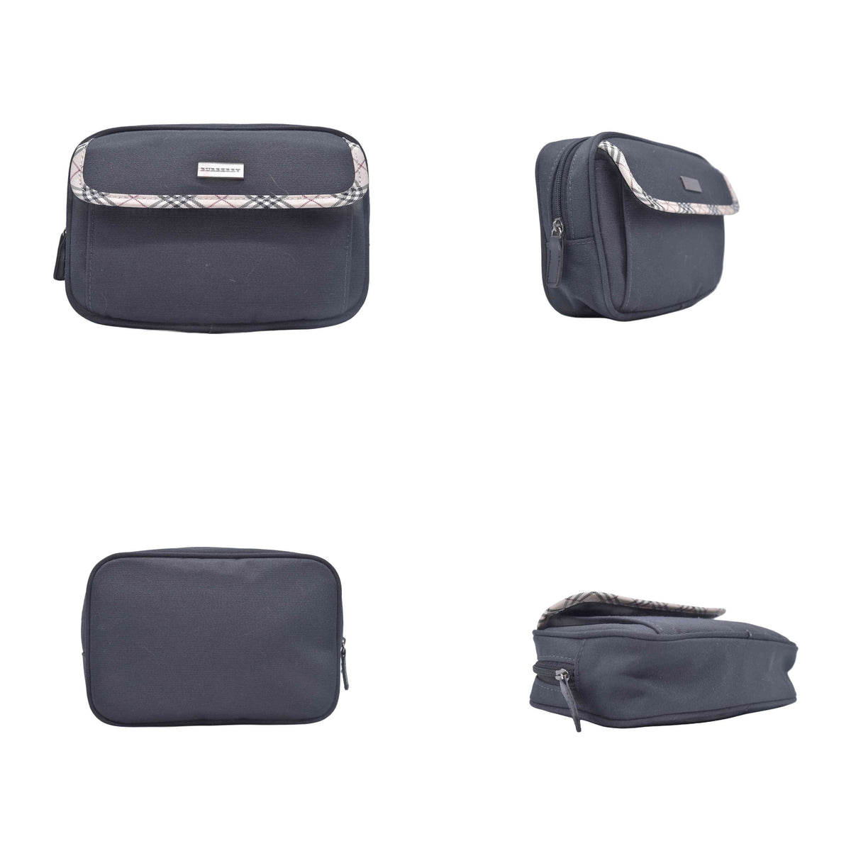$380 BURBERRY Canvas Plaid Trim Flap Pocket Cosmetic Case Black CONSIGNMENT 10021231
