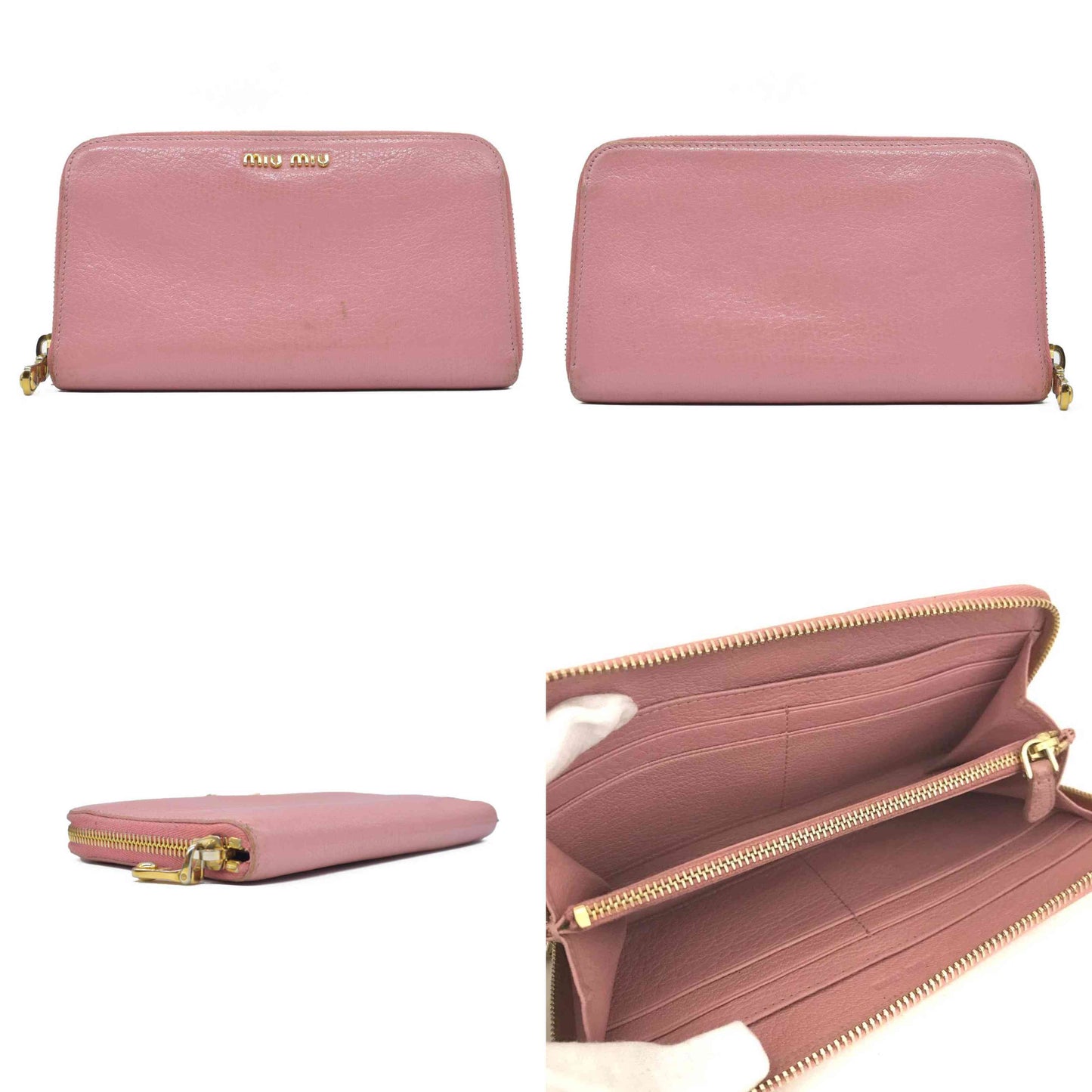 $895 MIU MIU Logo Leather Zip Around Long Wallet Pink