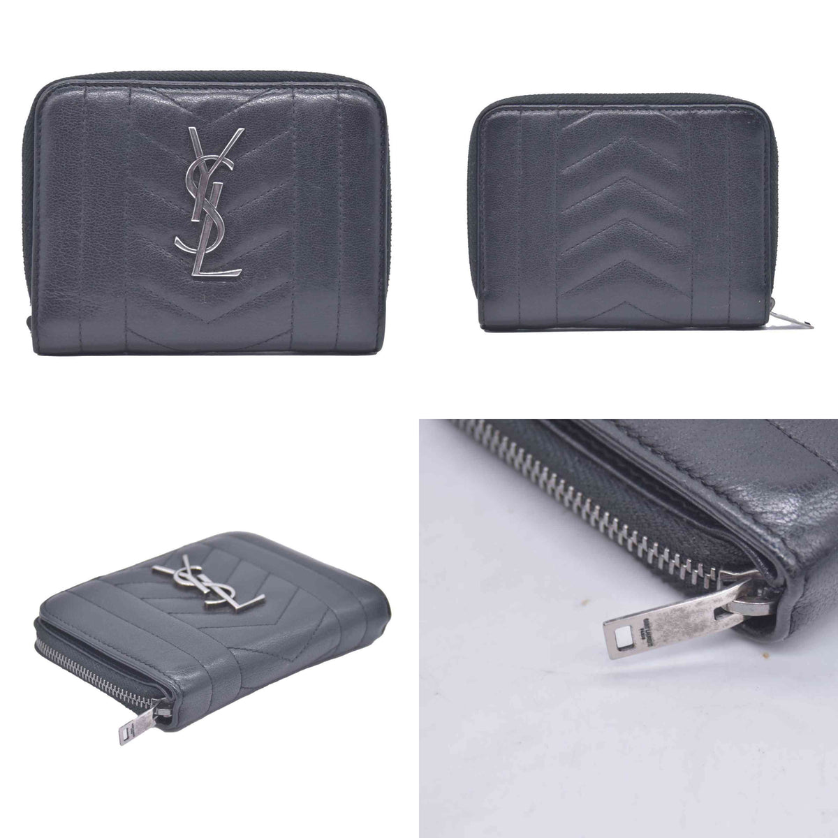 $750 Saint Laurent Calfskin Matelasse Monogram Compact Zip Around Wallet Dark Grey CONSIGNMENT