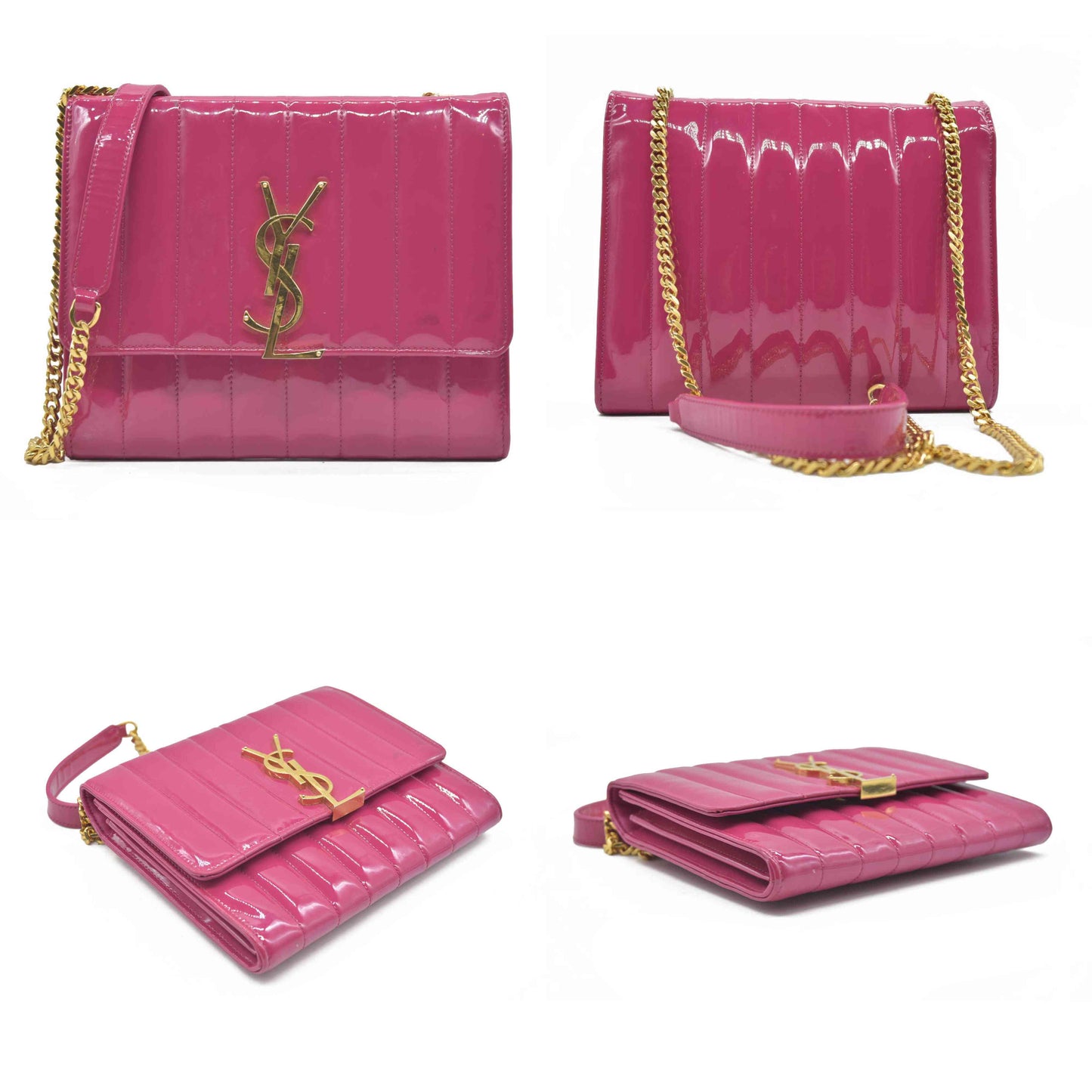 $1750 Saint Laurent Patent Leather Matelasse Monogram Vicky Chain Wallet  Pink