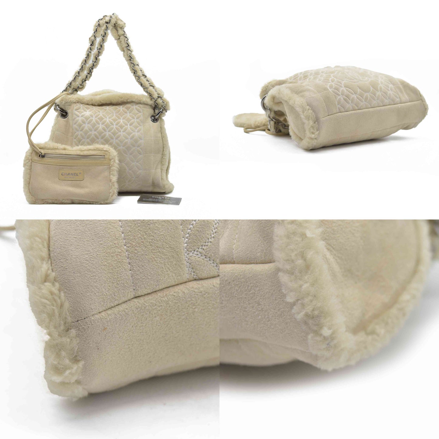 $1895 Chanel Quilted Shearling Tote Bag and Accessory Pouch 2005