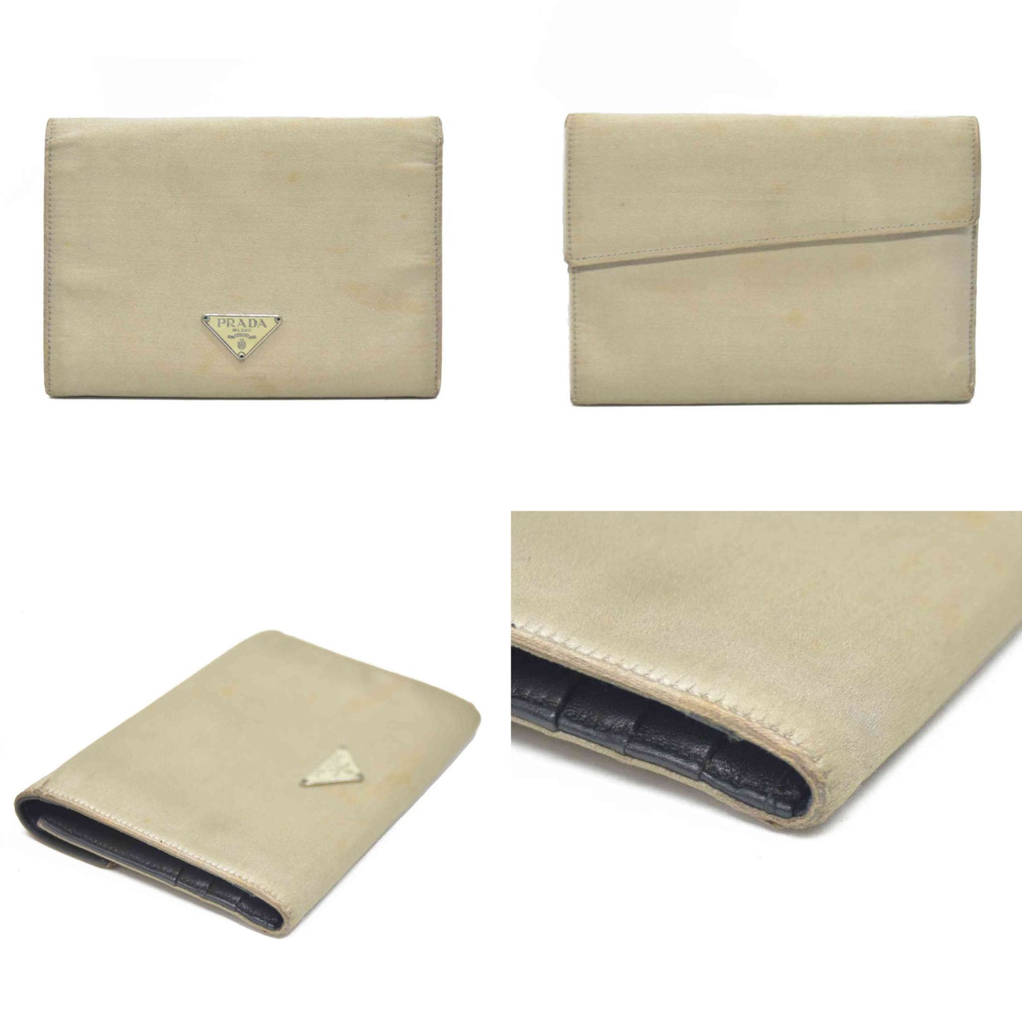 PRADA Logo Plate Nylon Trifold Wallet Beige