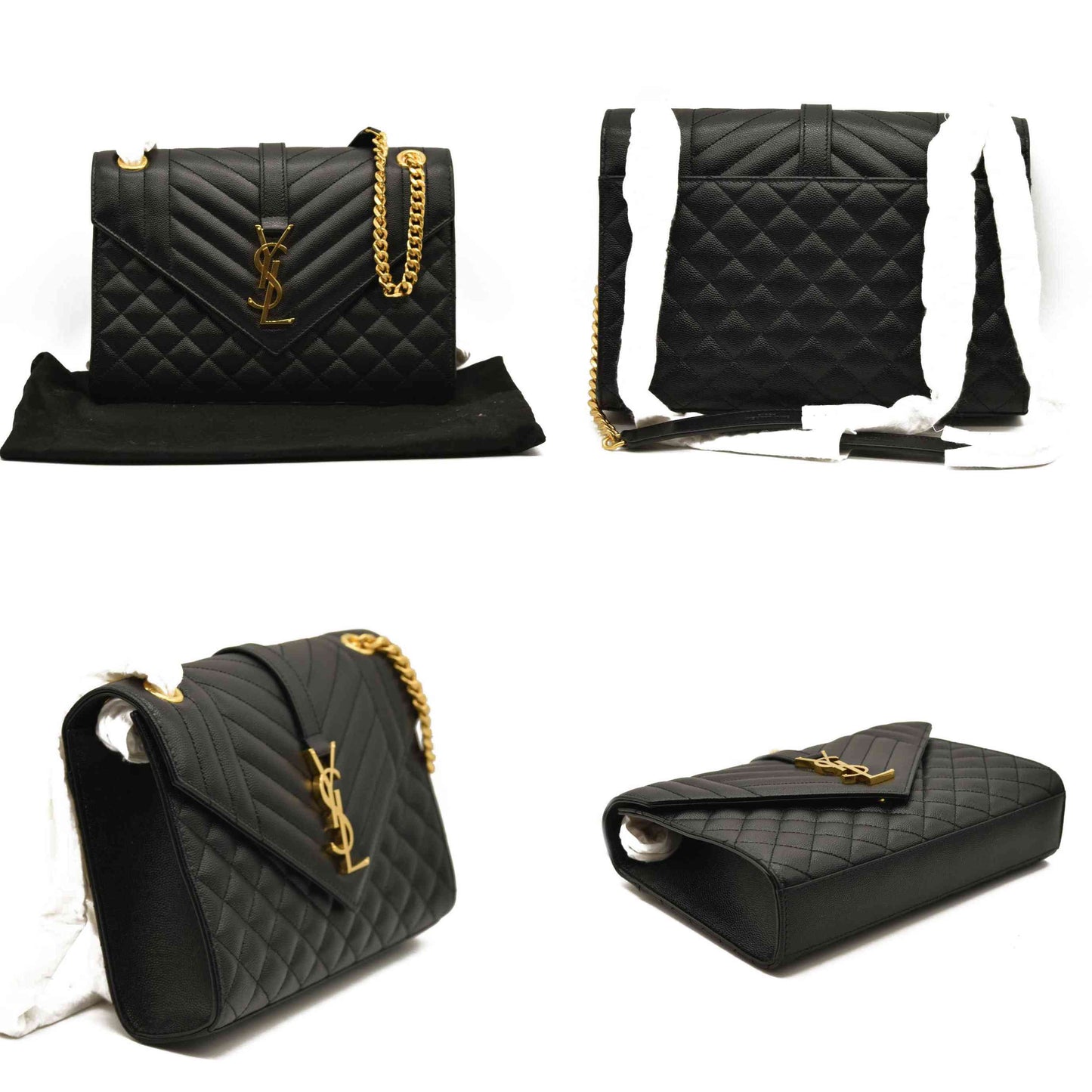 Saint Laurent  Grain De Poudre Textured Mixed Matelasse Triquilt Medium Monogram Satchel Black