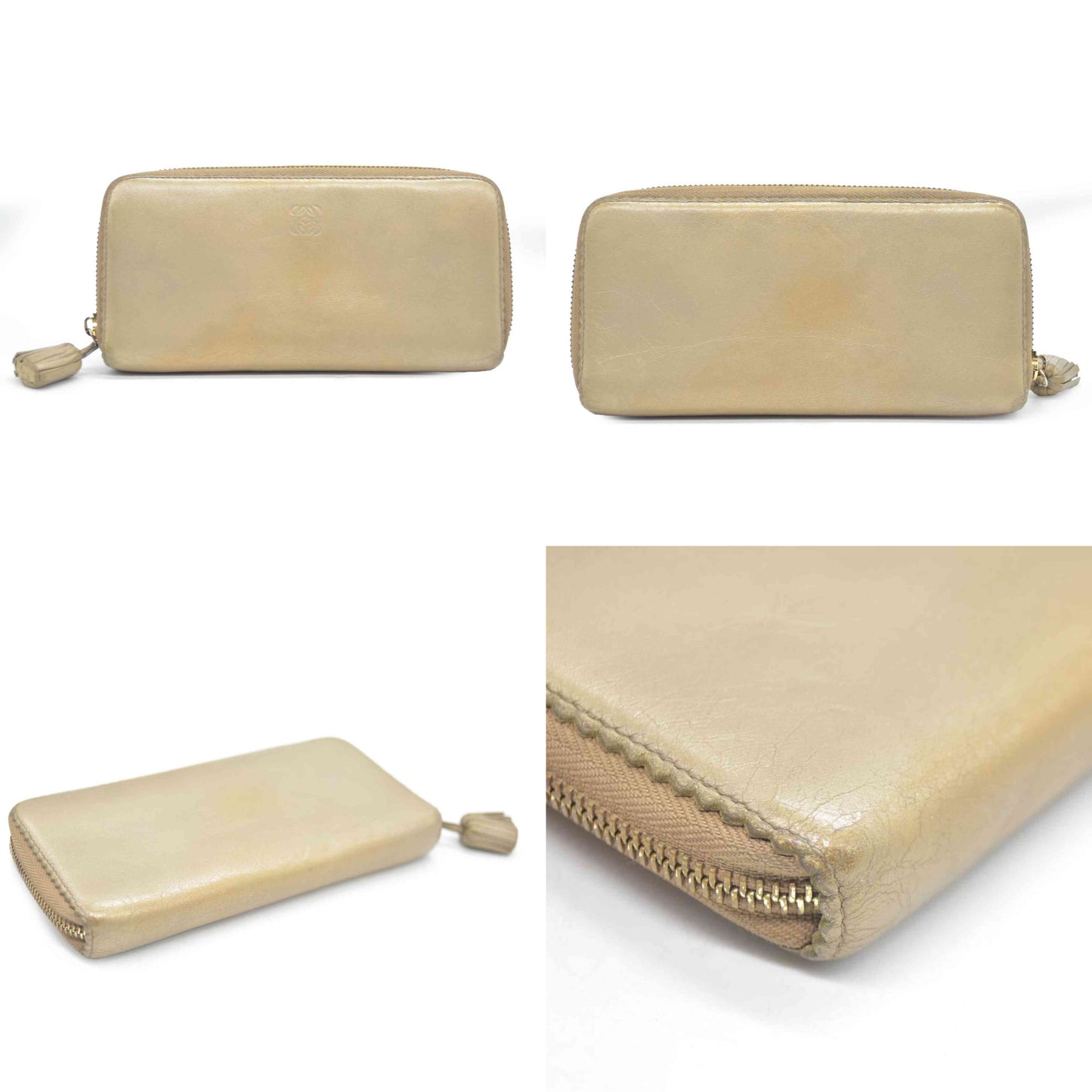 LOEWE Anagram Tassel Leather Zip Around Long Wallet Beige