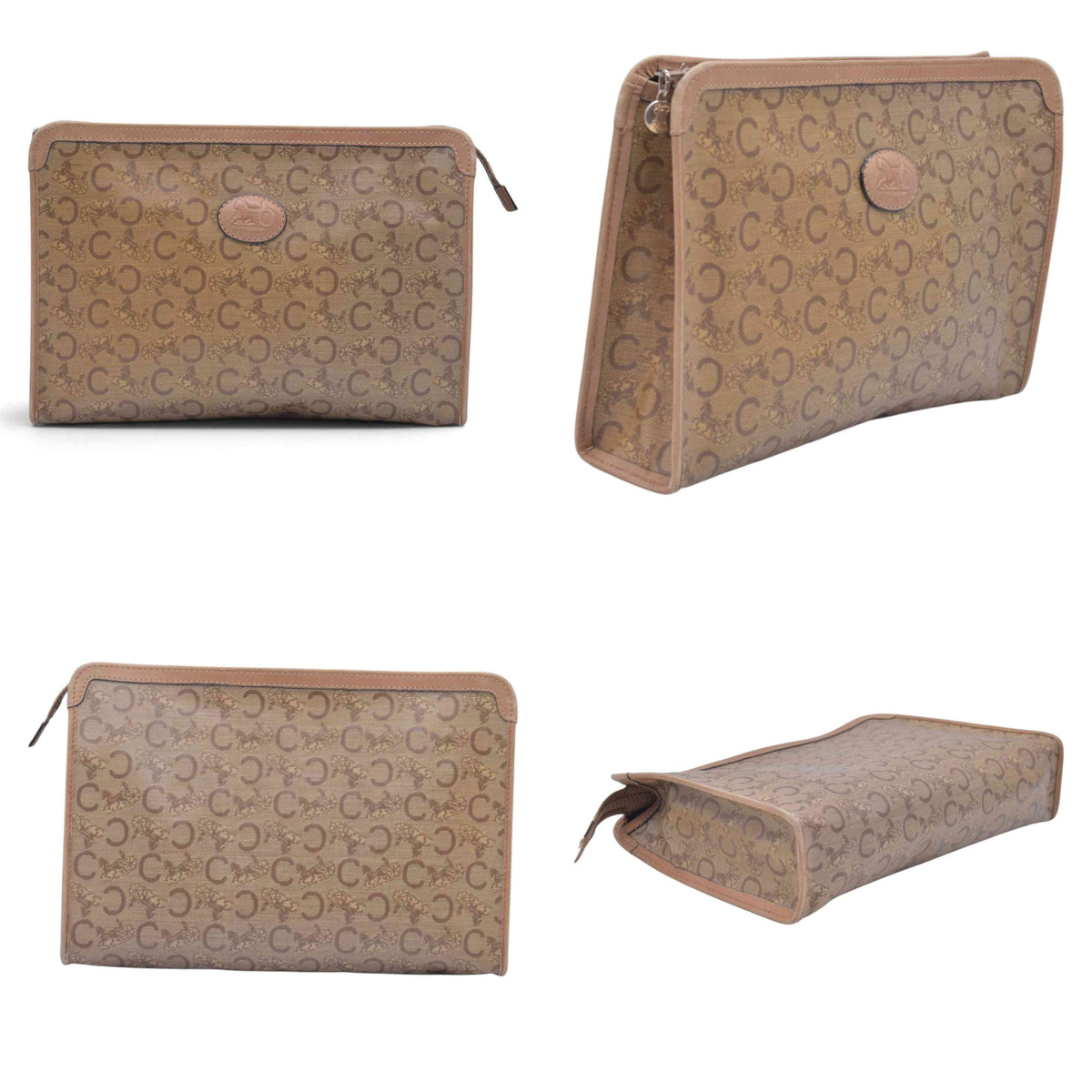 $550 CELINE C Sulky & Horse Carriage Canvas Clutch Pouch Tan Brown CONSIGNMENT 10021519