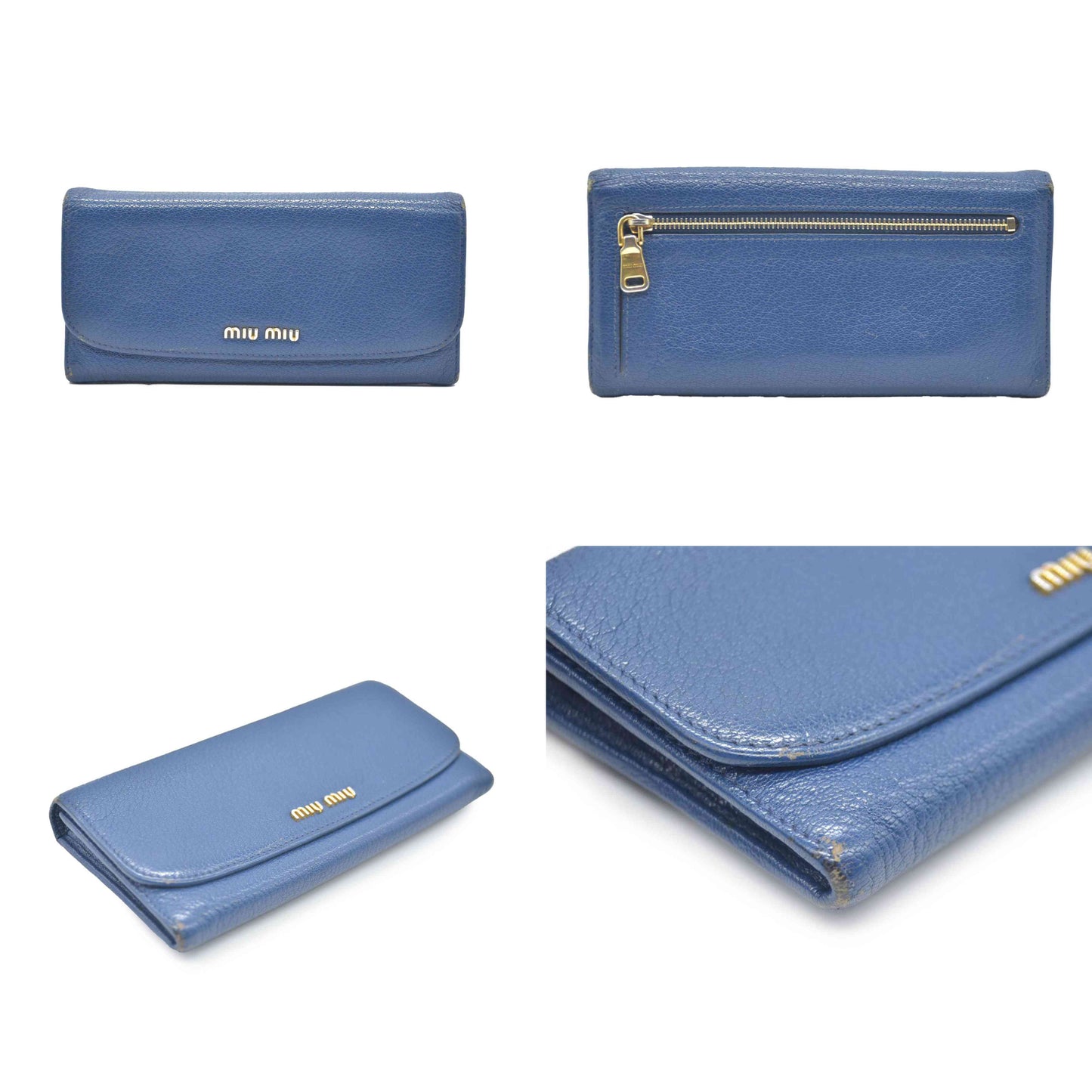 MIU MIU Logo Madras Leather Long Bifold Wallet Blue
