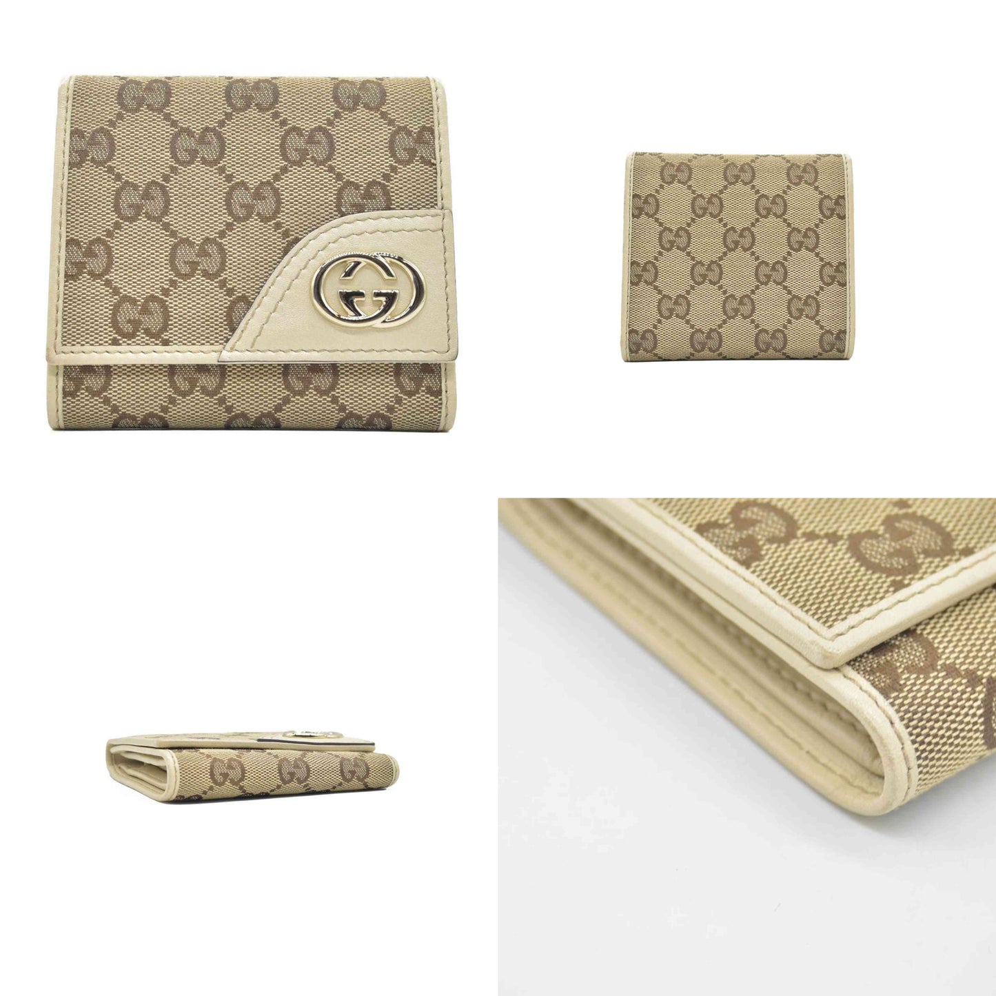 $490 Gucci CONSIGNMENT Beige/Brown GG Canvas and Leather Interlocking G French Wallet