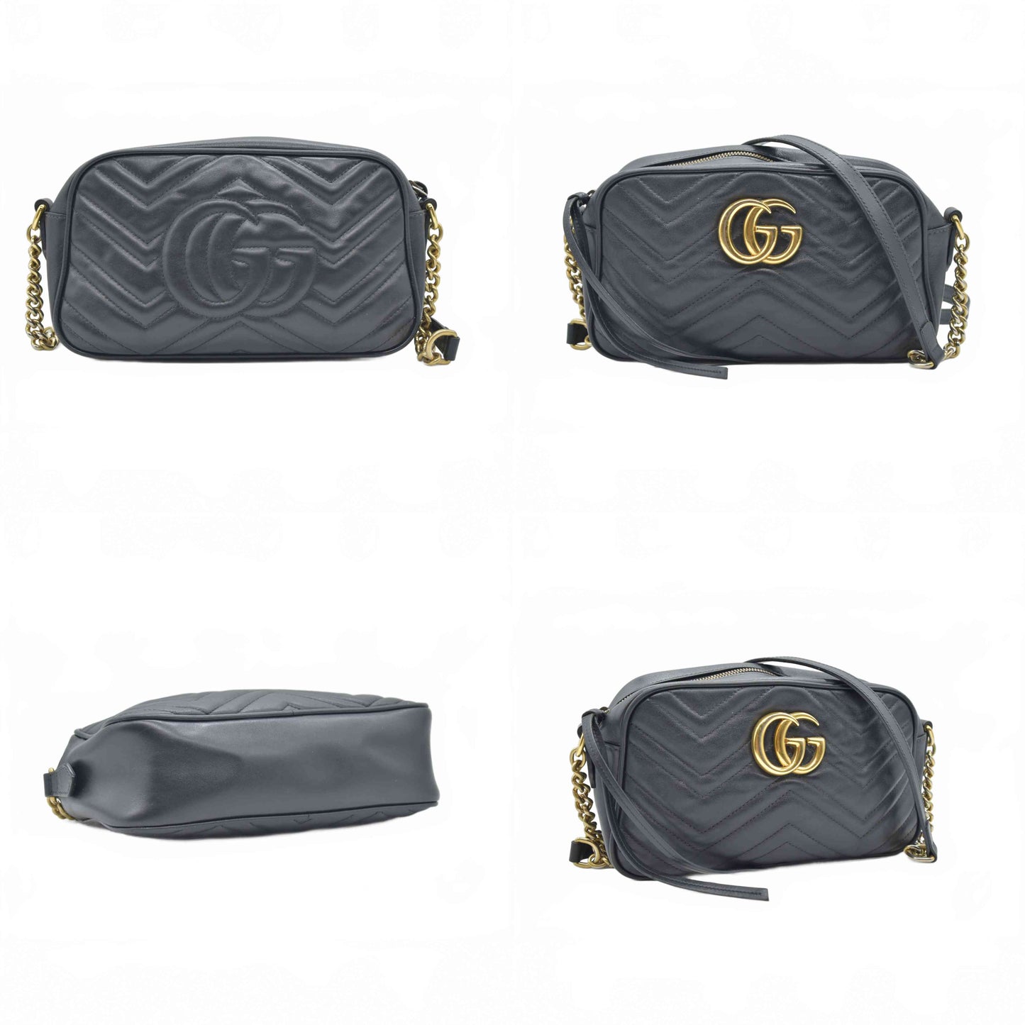 $1950 Gucci Calfskin Matelasse Small GG Marmont Chain Shoulder Bag Black