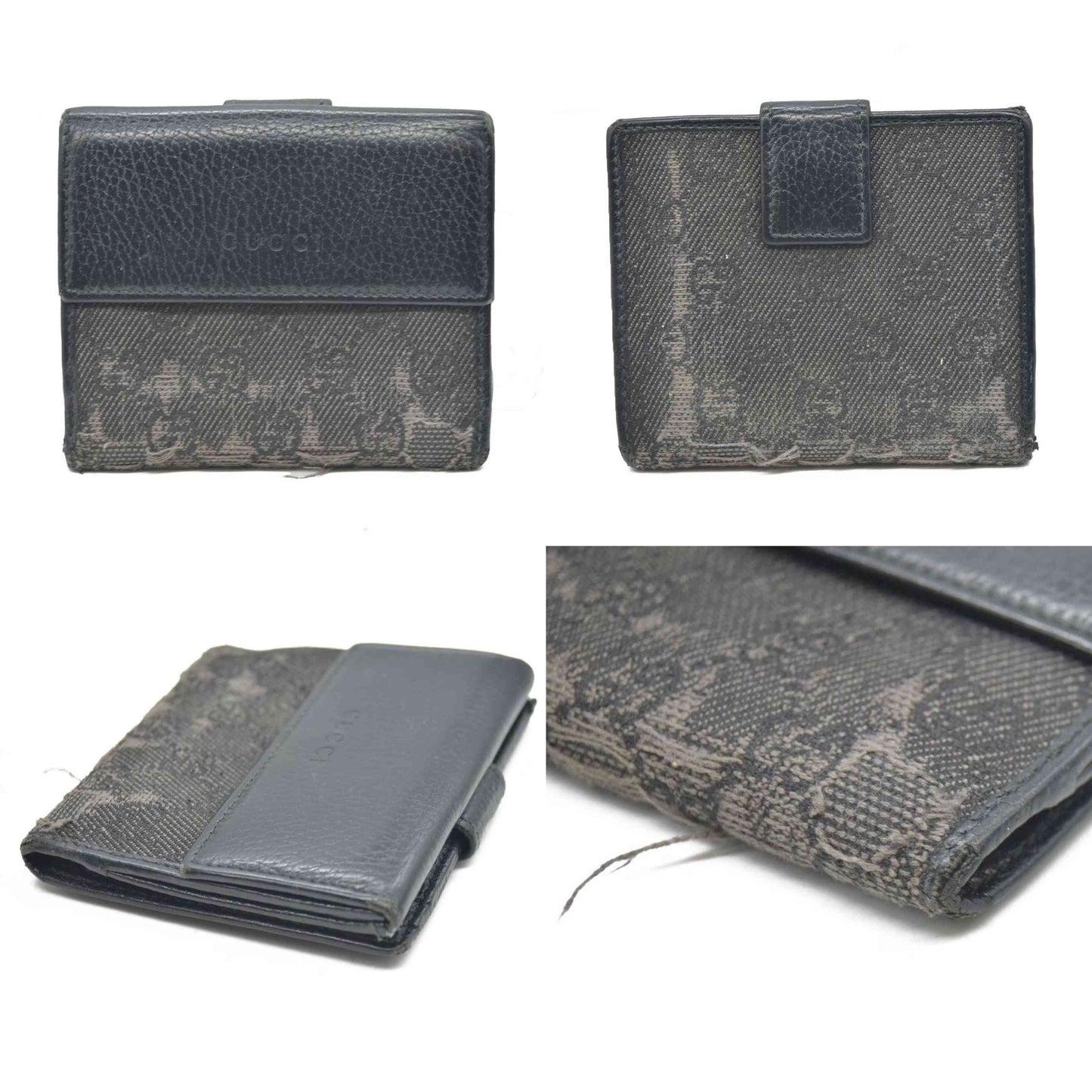 Gucci  Calfskin Denim Monogram French Flap Wallet