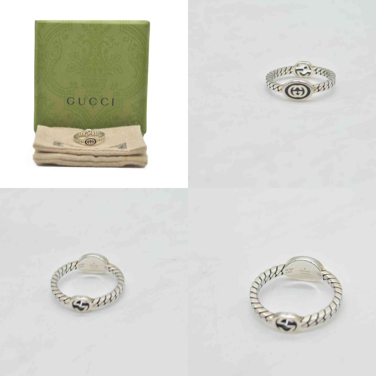 $340 Gucci Sterling Silver Enamel Interlocking G Chain Ring Black 19 Size 9