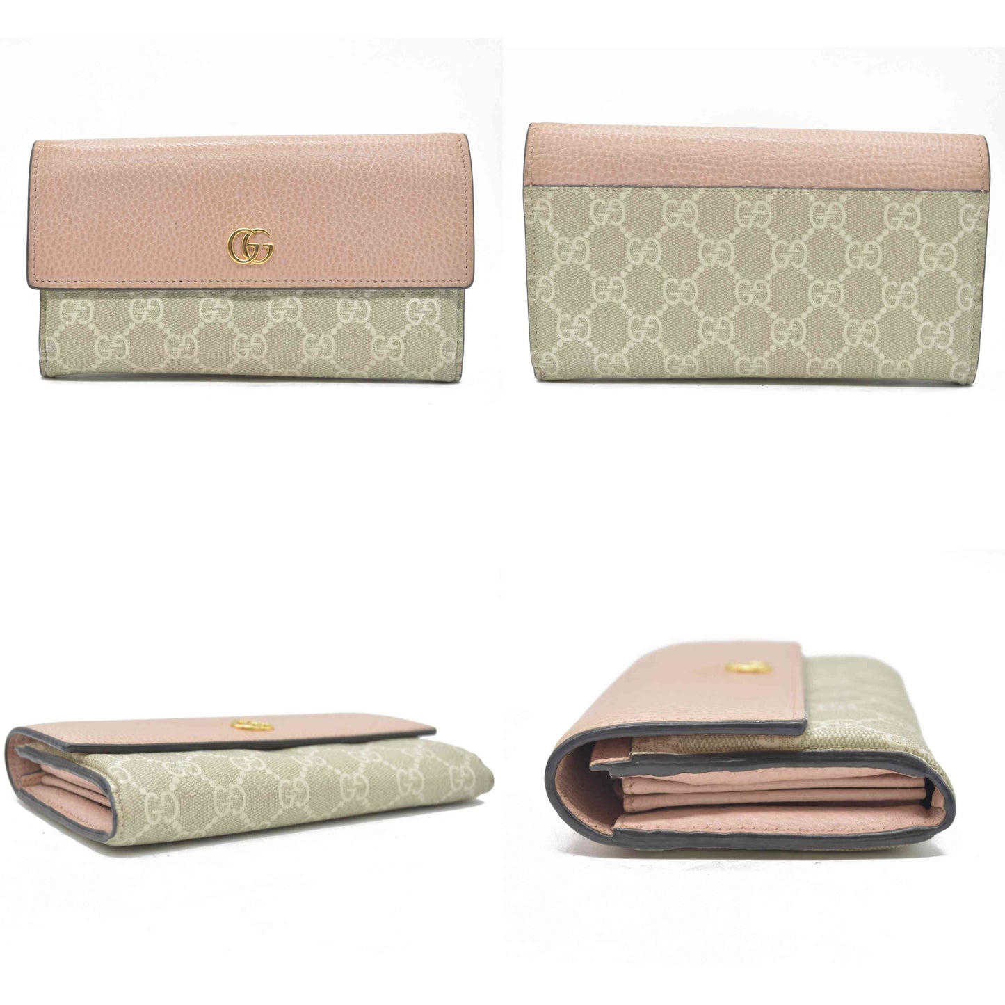 $710 Gucci Dollar Calfskin GG Supreme Monogram GG Marmont Continental Wallet Pink Oatmeal