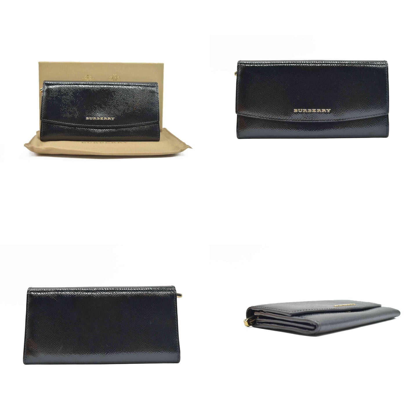 $620 Burberry Grainy Calfskin Patent Black Leather Porter Continental Wallet Black CONSIGNMENT