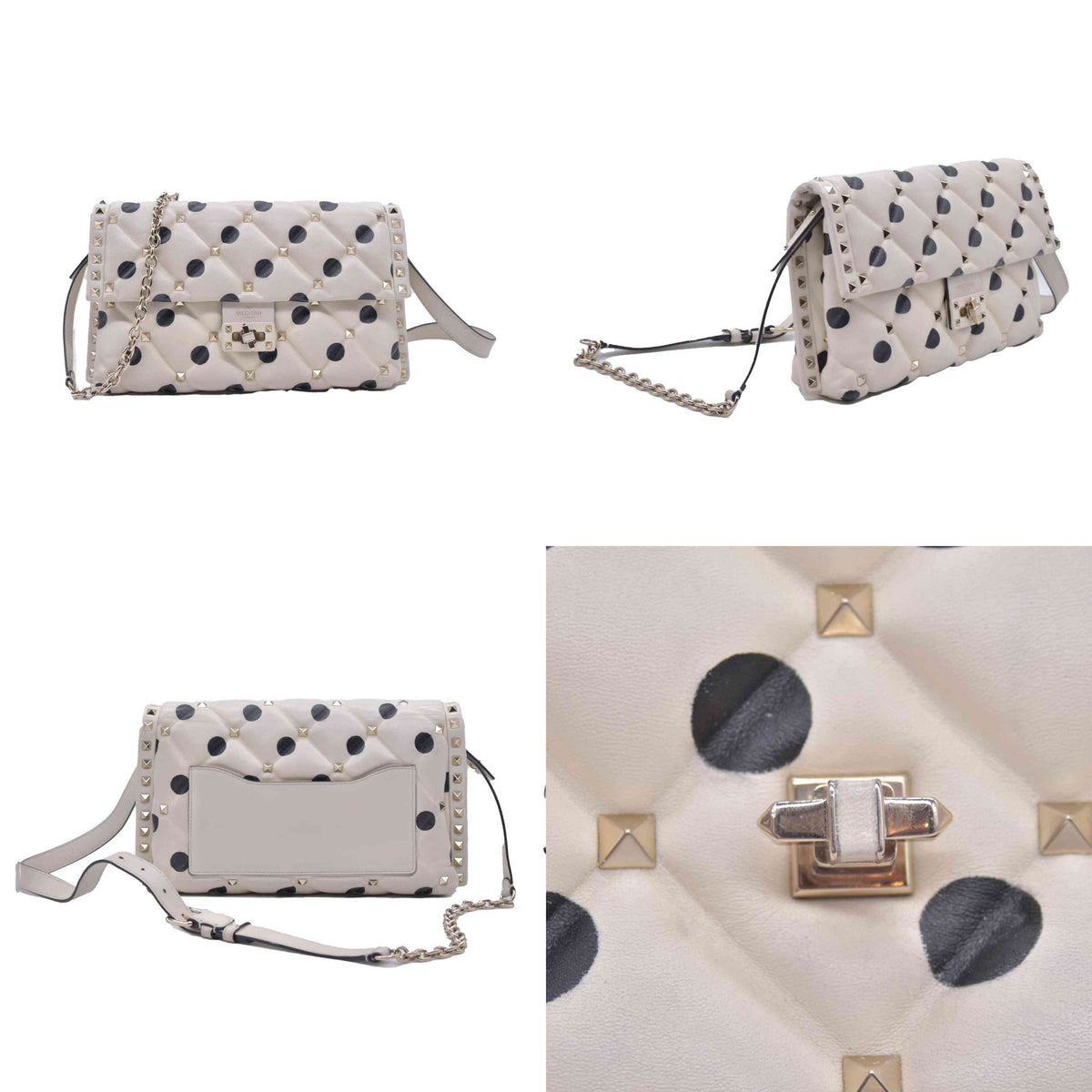 $2675 VALENTINO Lambskin Polka Dot Rockstud Candystud Shoulder Bag Light Ivory CONSIGNMENT 10021273