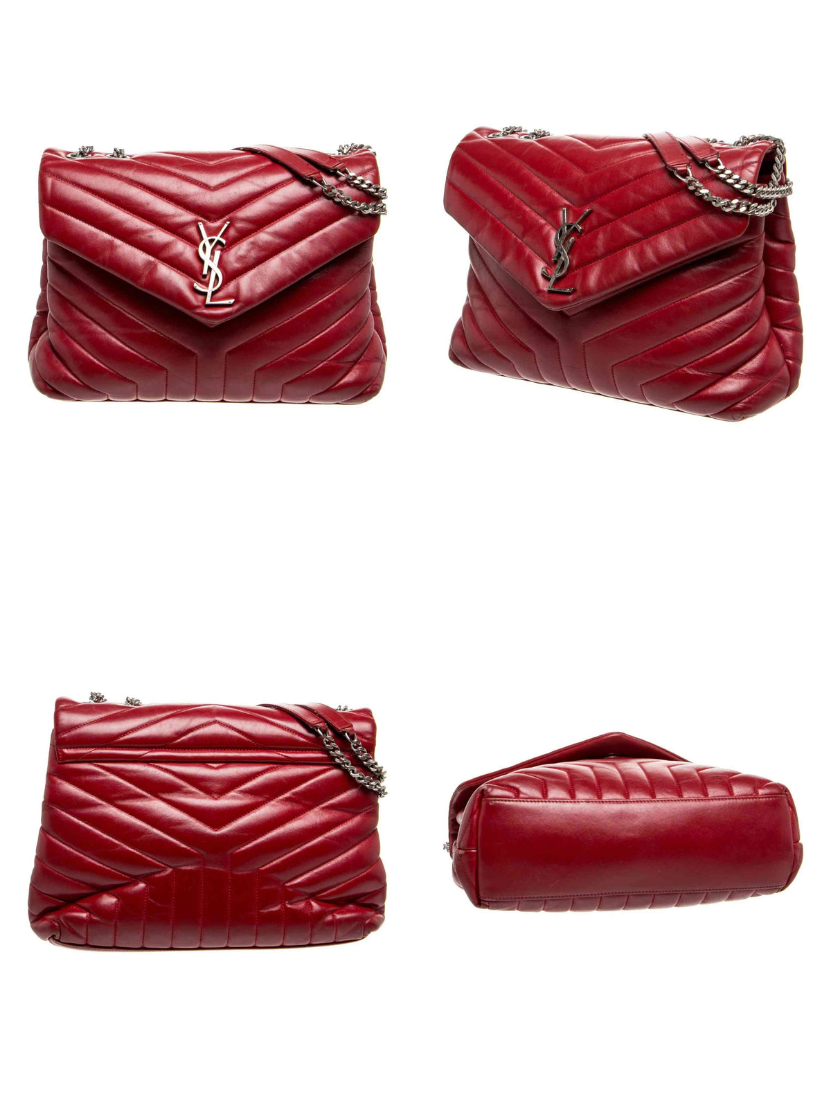 $3250 Saint Laurent Calfskin Y Quilted Monogram Medium Loulou Chain Satchel Red
