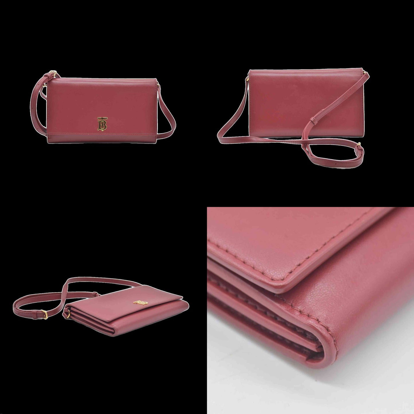 $1150 Burberry TB Logo Motif Wallet on Strap Pink