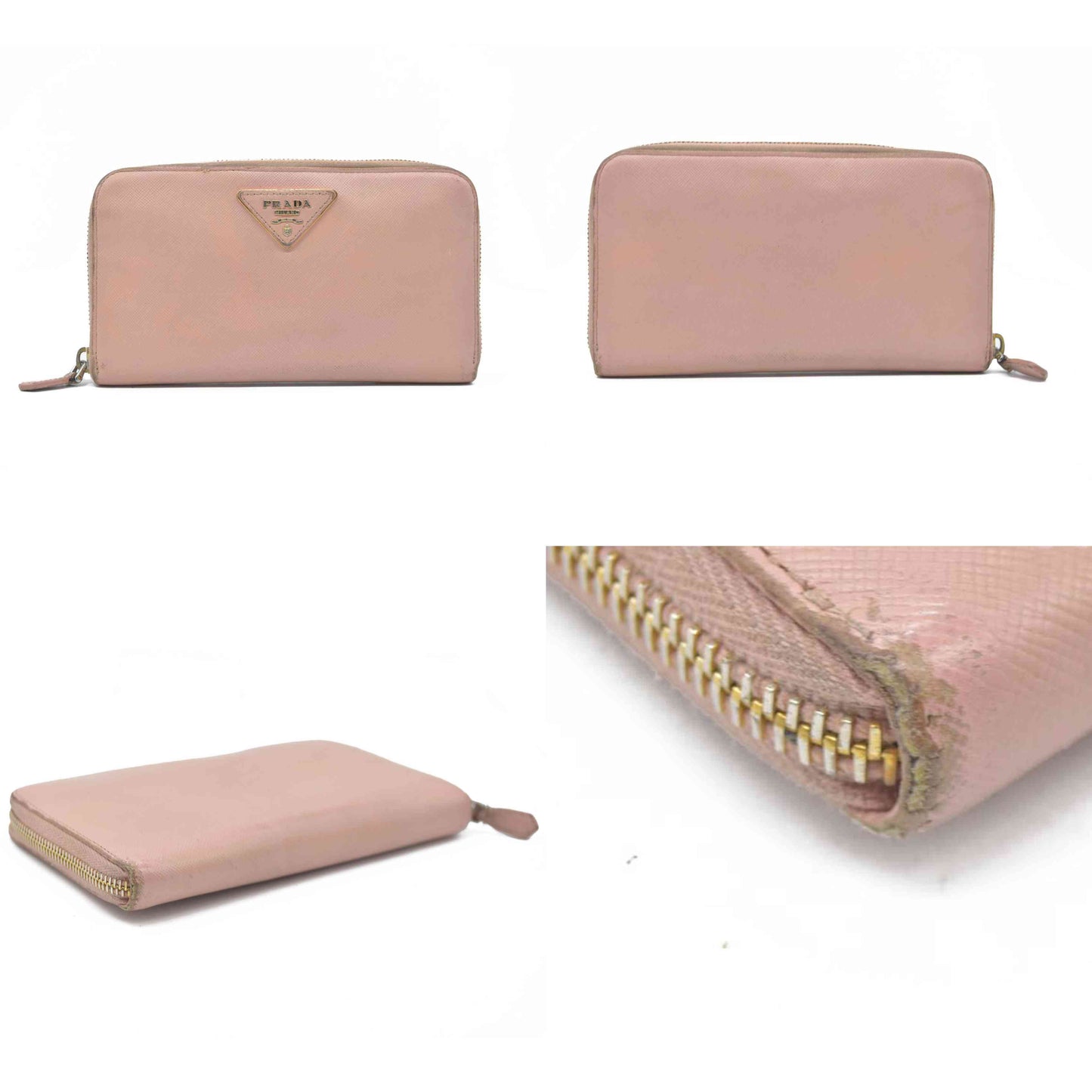 $1050 PRADA Logo Plate Saffiano Leather Zip Around Long Wallet Pink