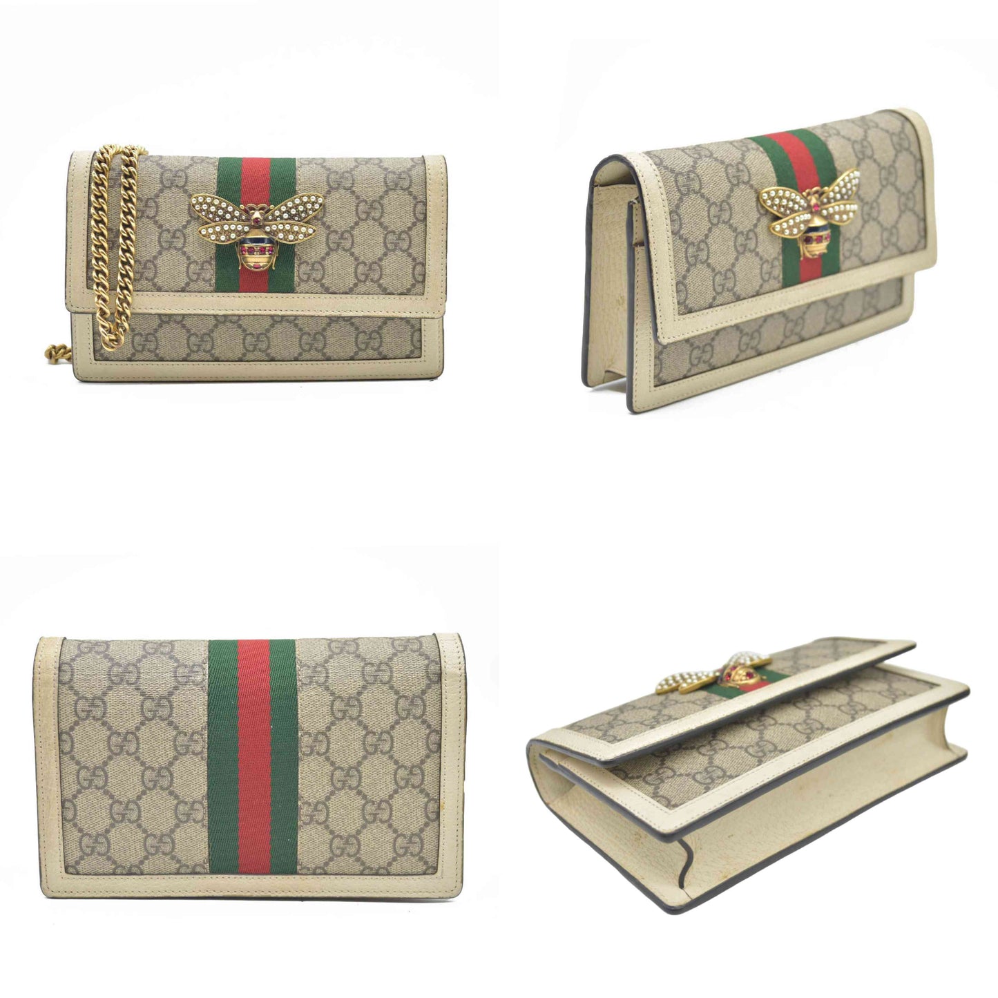 Gucci  GG Supreme Monogram Web Queen Margaret Chain Wallet White