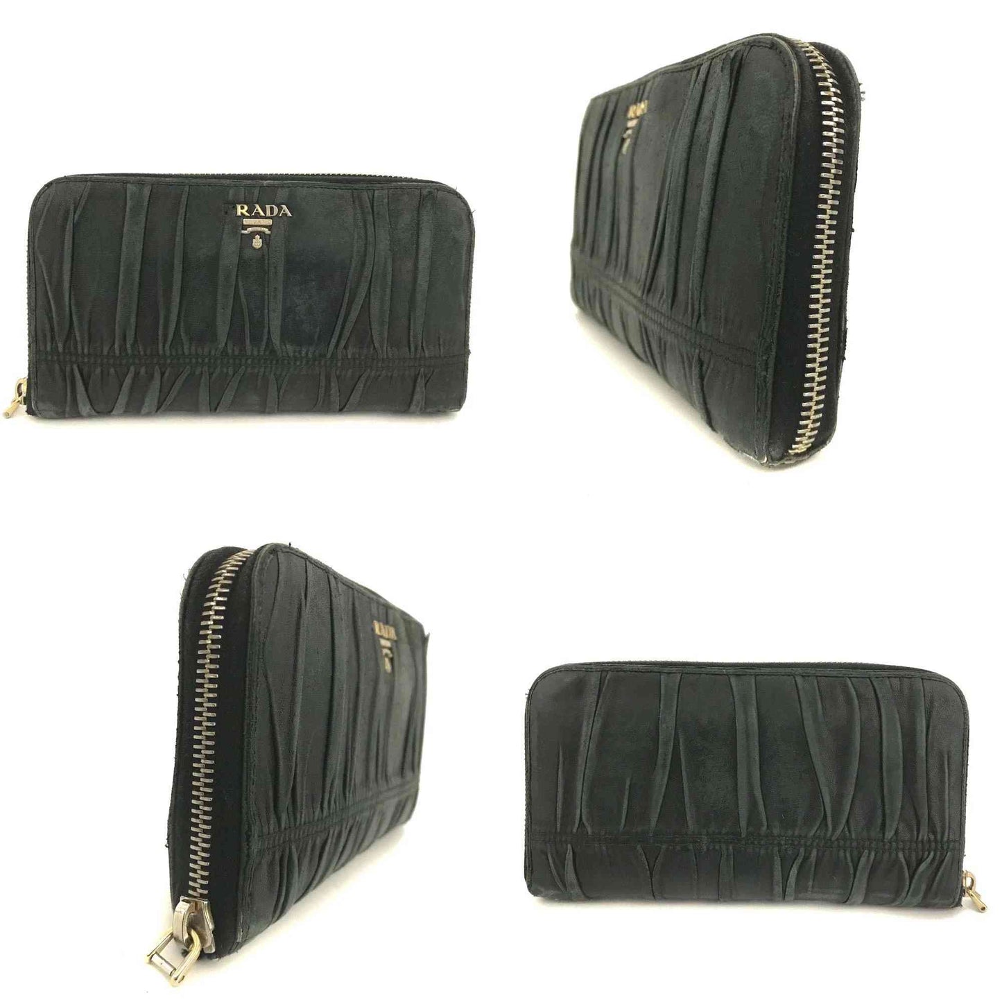 PRADA Logo Gather Leather Zip Around Long Wallet Black