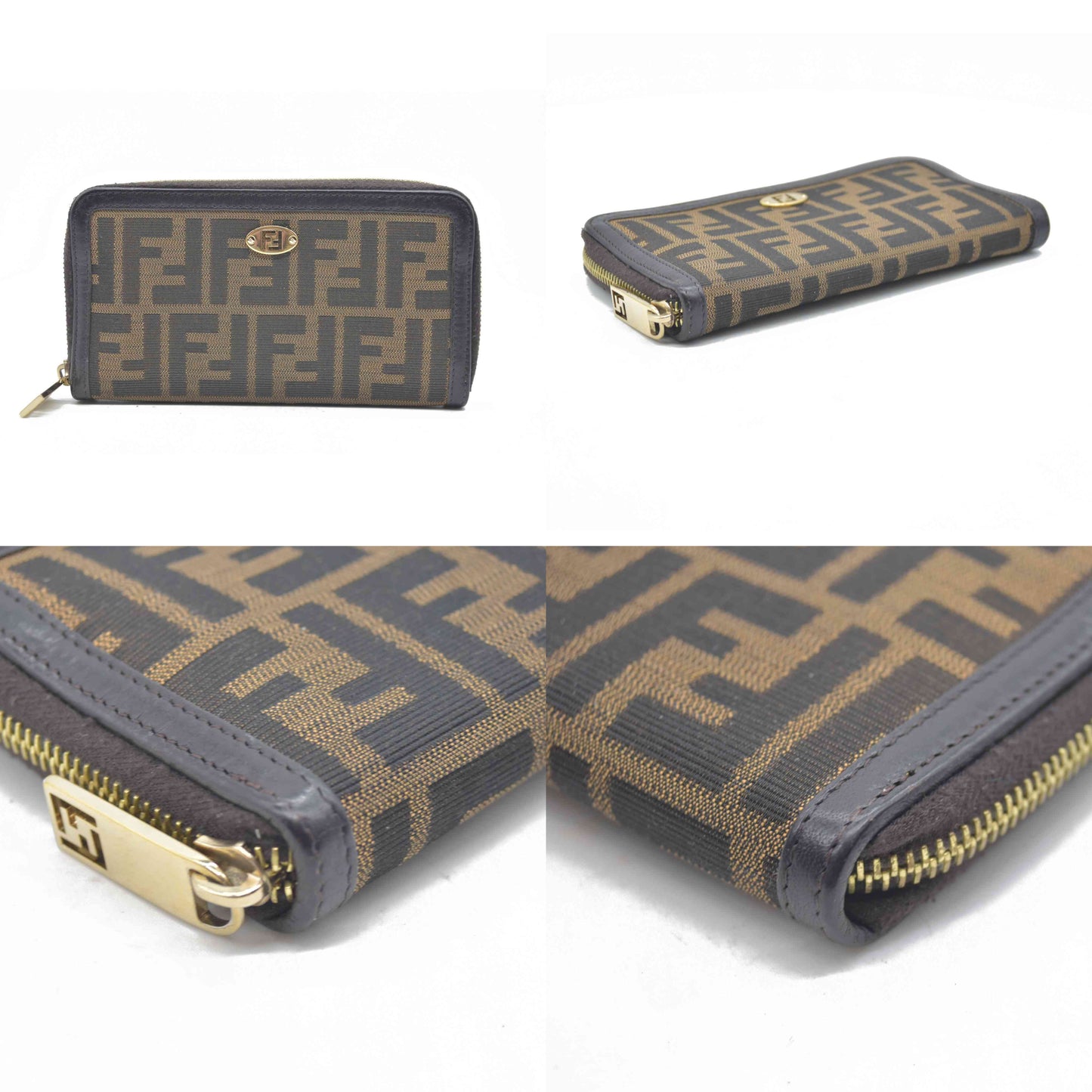 $790 Fendi Tobacco Zucca Canvas and Leather FF Zip Around Wallet CONSIGNMENT