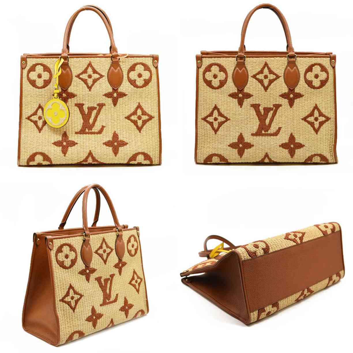 LOUIS VUITTON Raffia Calfskin Monogram Giant Onthego MM Tan