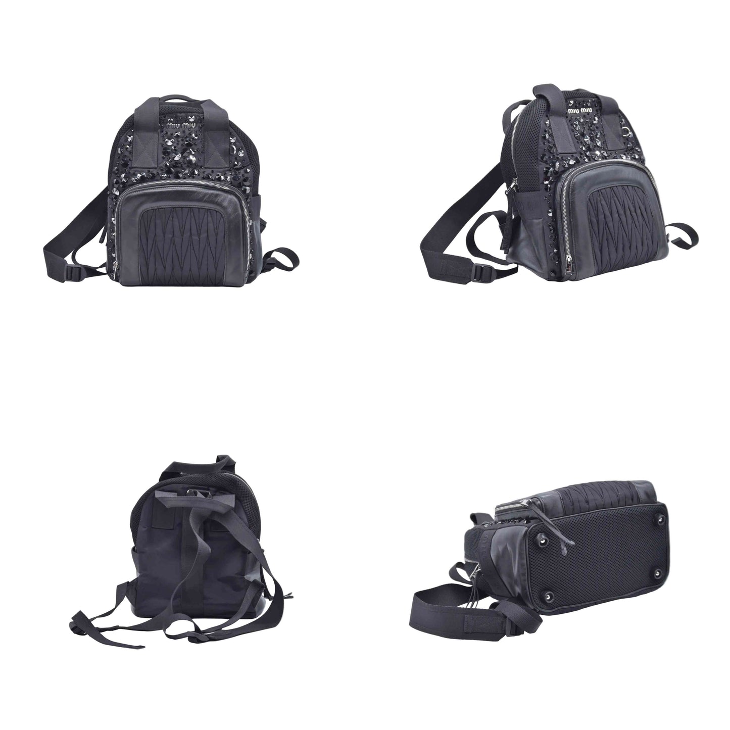$1950 MIU MIU Leather Trimmed Matelasse Crystal Embellished Nylon Backpack