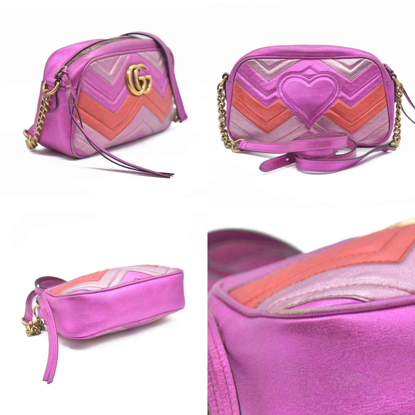 AUCTION $1950 Gucci  Laminated Nappa Matelasse Small GG Marmont Chain Shoulder Bag Fuxia Rosso Rosa