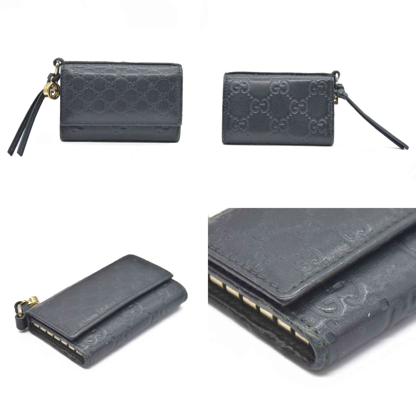 GUCCI Ssima Interlocking G GG Logo Leather 6 Rings Key Case Black