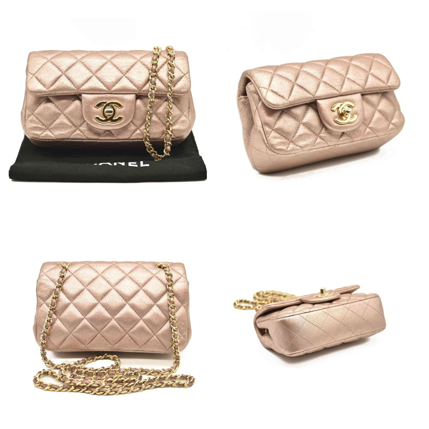 Chanel Metallic Leather Quilted Extra Mini Rectangular Flap Pink