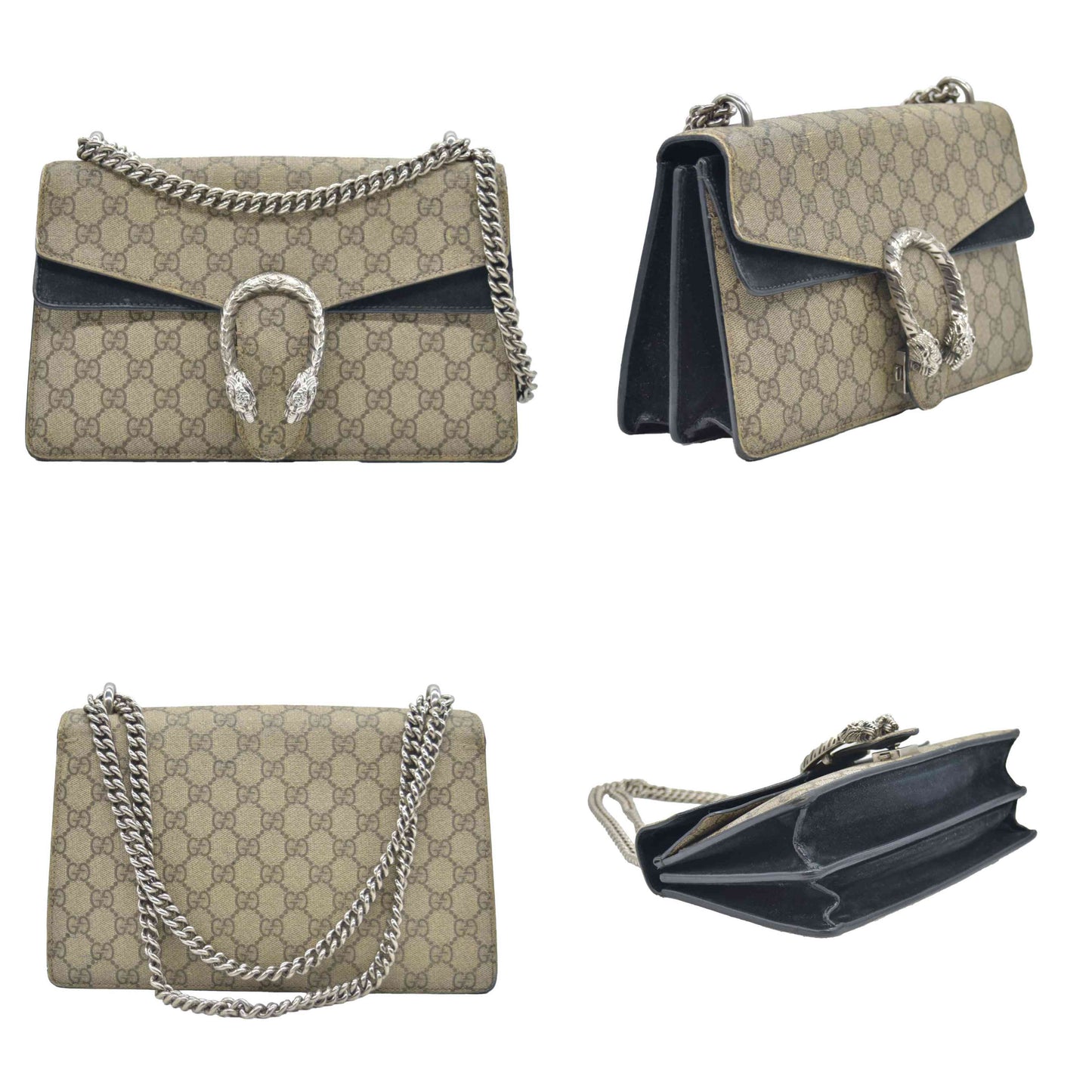 $3350 GUCCI GG Supreme Monogram Suede Small Dionysus Shoulder Bag Beige Black