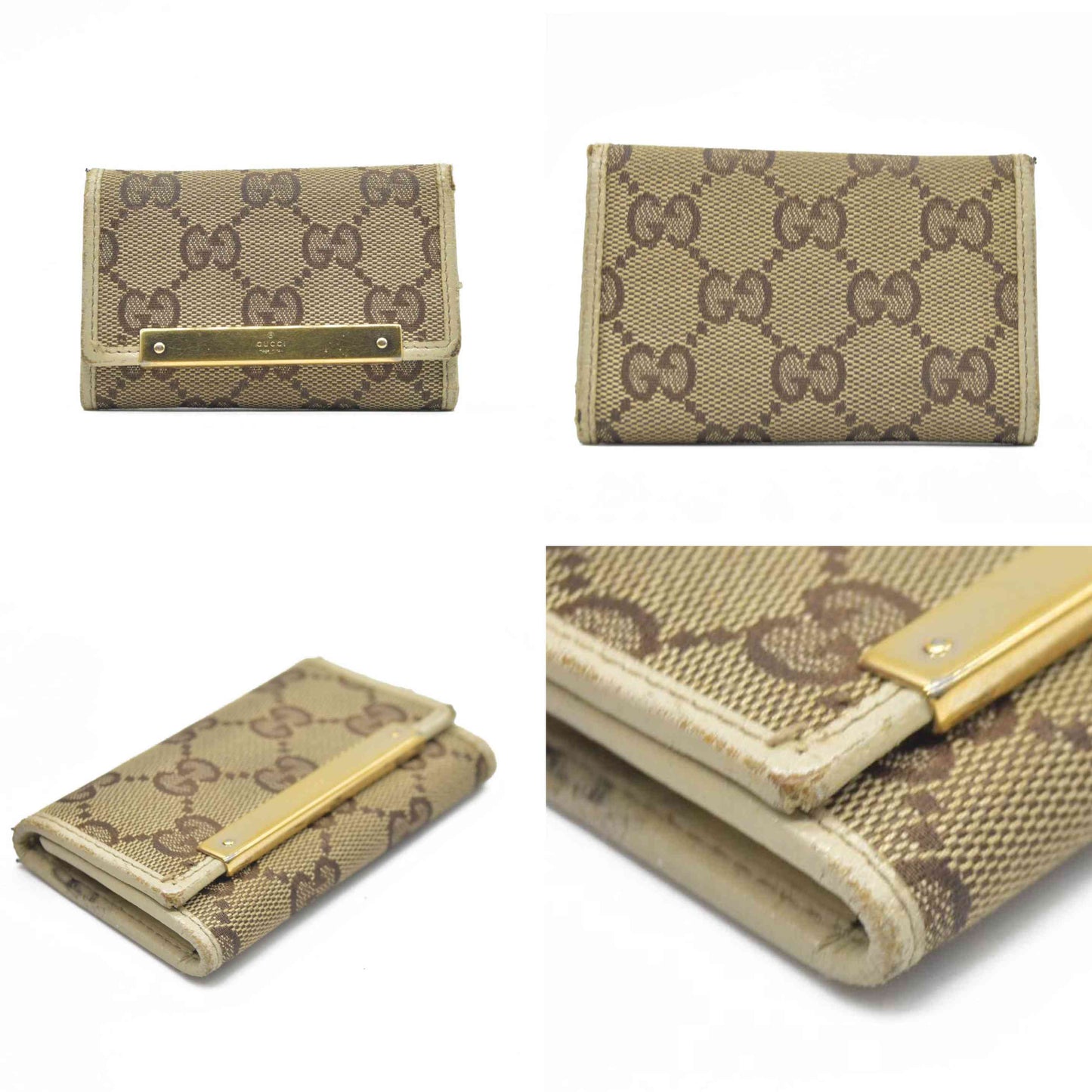 GUCCI Logo Plate GG Logo Canvas 6 Ring Key Case Beige