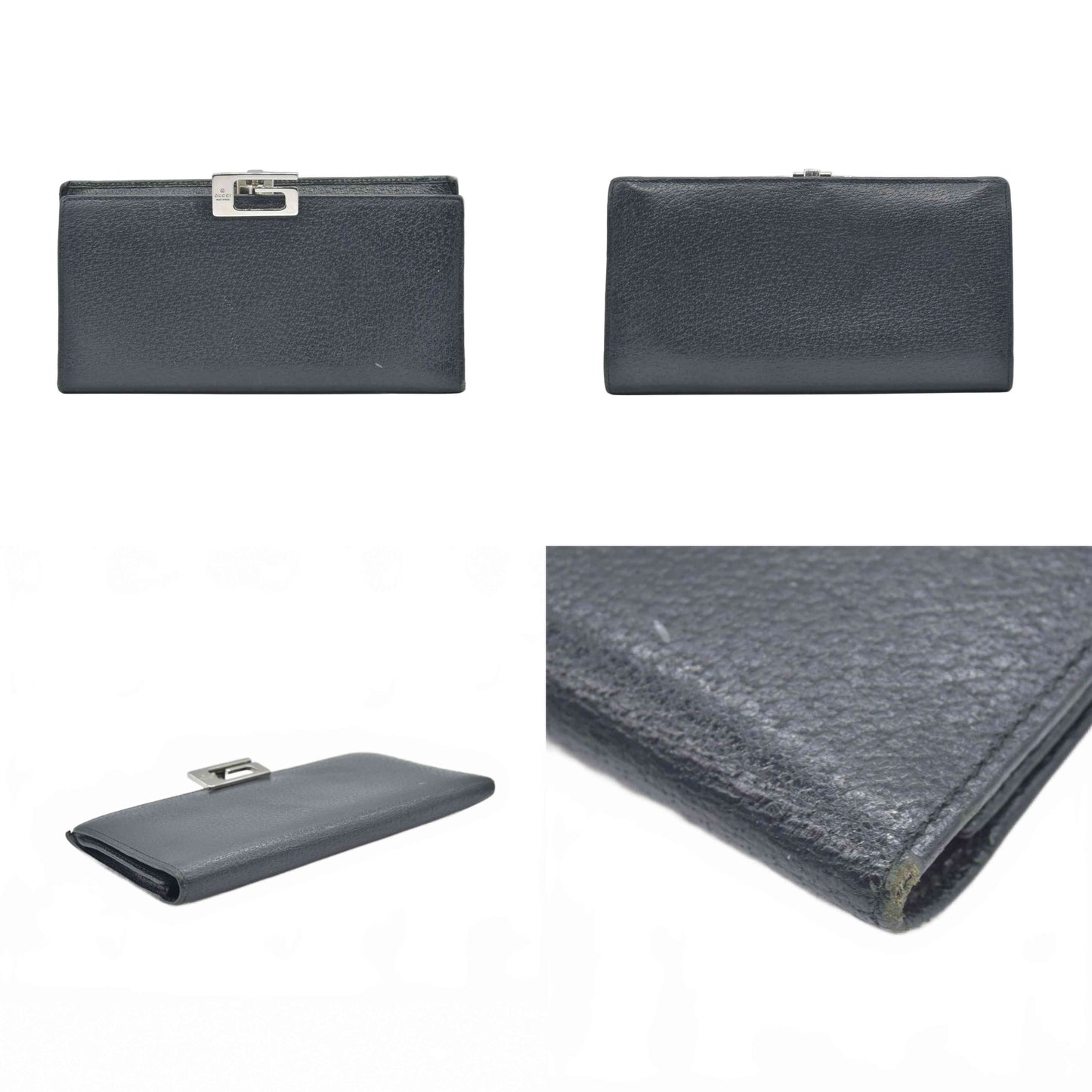 $600 Gucci Black Leather Frame Clasp Continental Wallet - Consignment