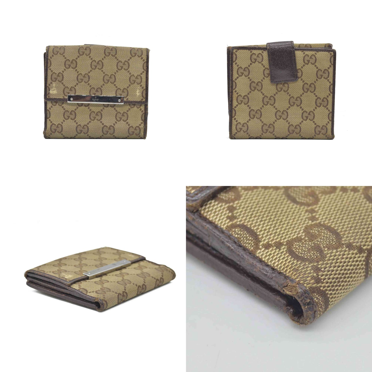 $510 GUCCI GG Canvas Leather Compact Wallet Bifold Double Snap Beige CONSIGNMENT