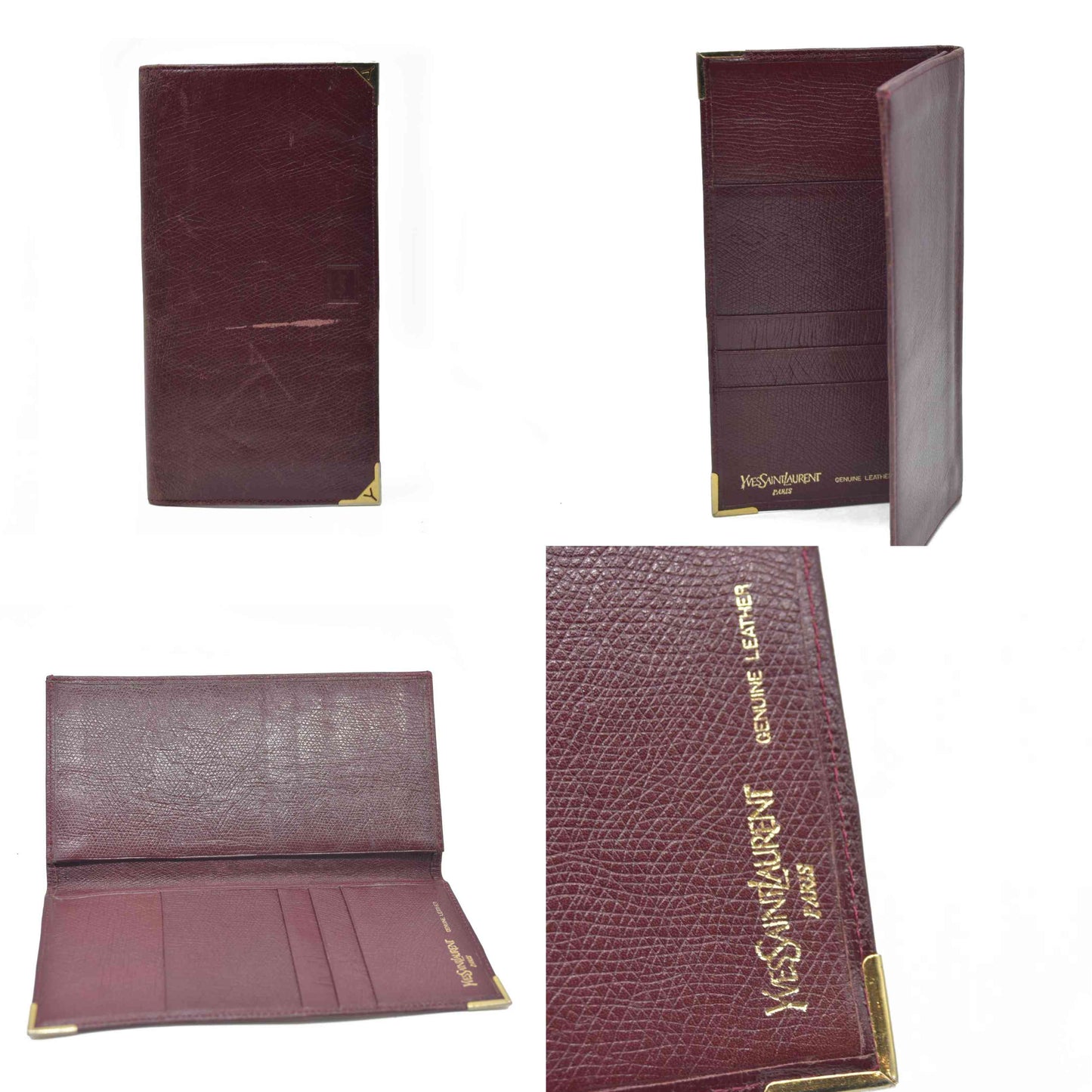 $690 Yves Saint Laurent YSL Logo Leather Long Bifold Wallet Bordeaux