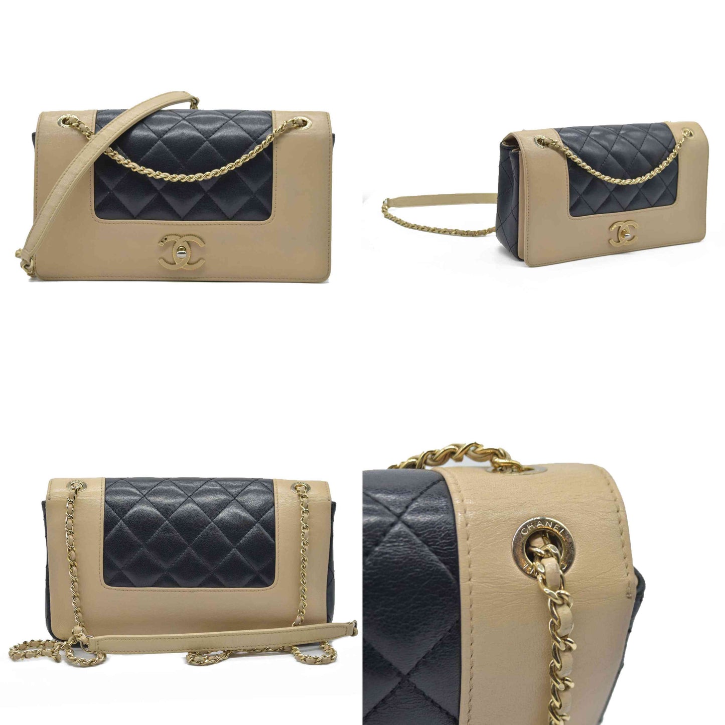 $4700 Chanel Mademoiselle Vintage Flap Bag Black Beige BiColor Turn Lock CC Chain Crossbody