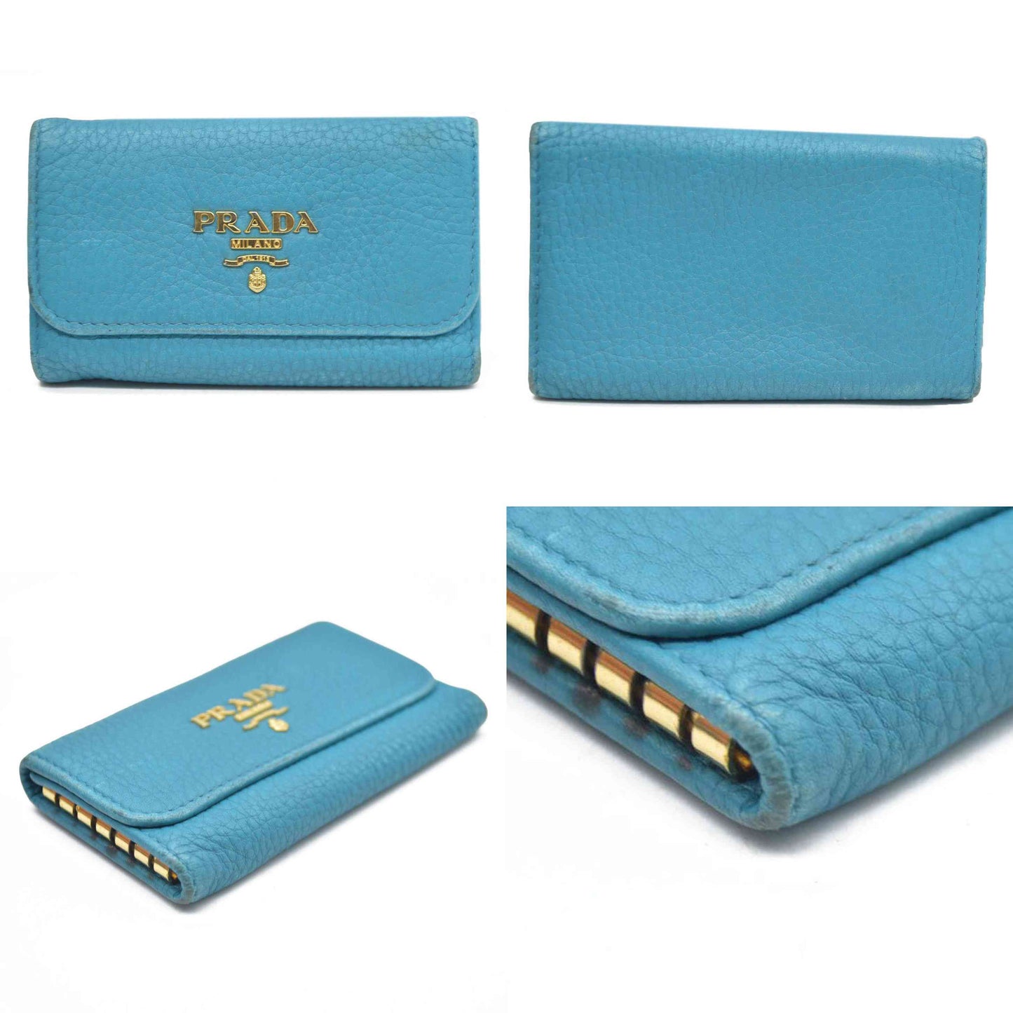 AUCTION $575 PRADA Logo Vitello Leather 6 Ring Key Case Blue