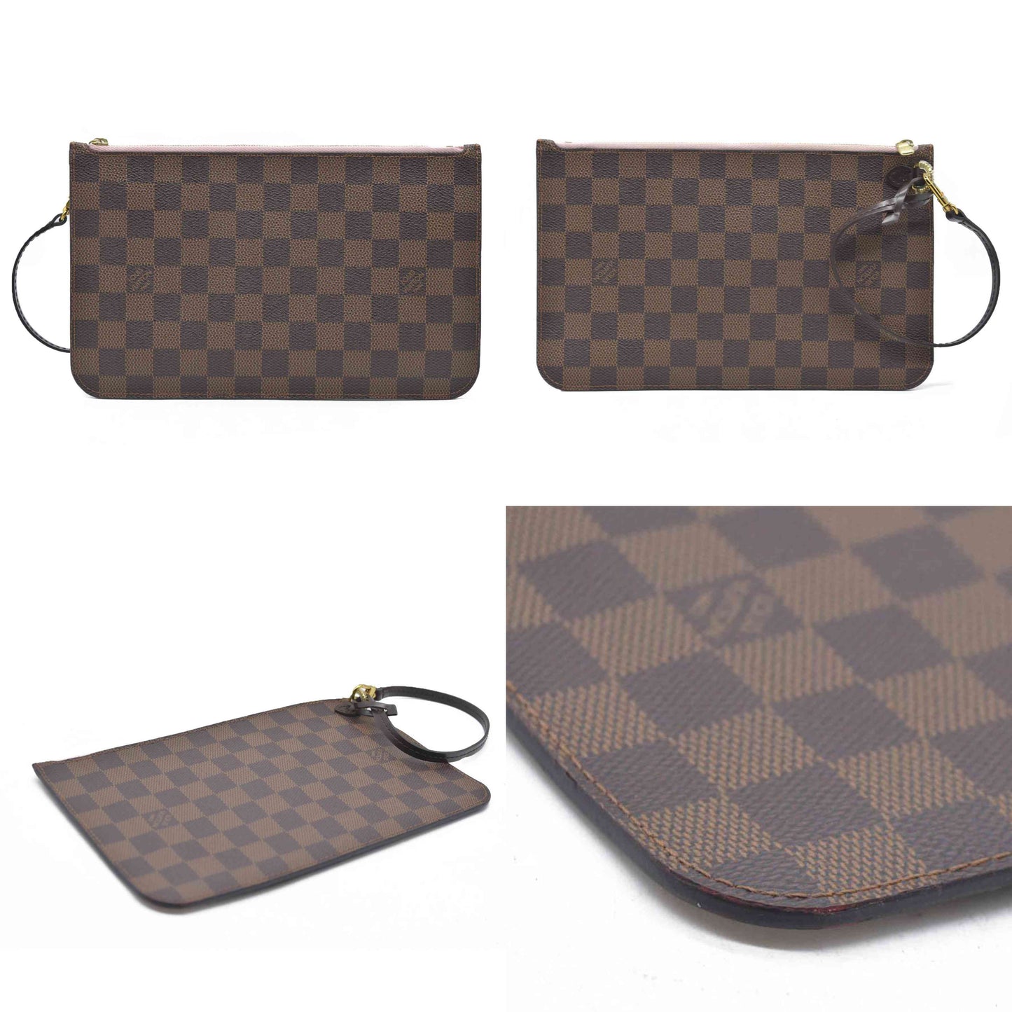 Louis Vuitton  Damier Ebene Neverfull MM Pochette Rose Ballerine Wristlet