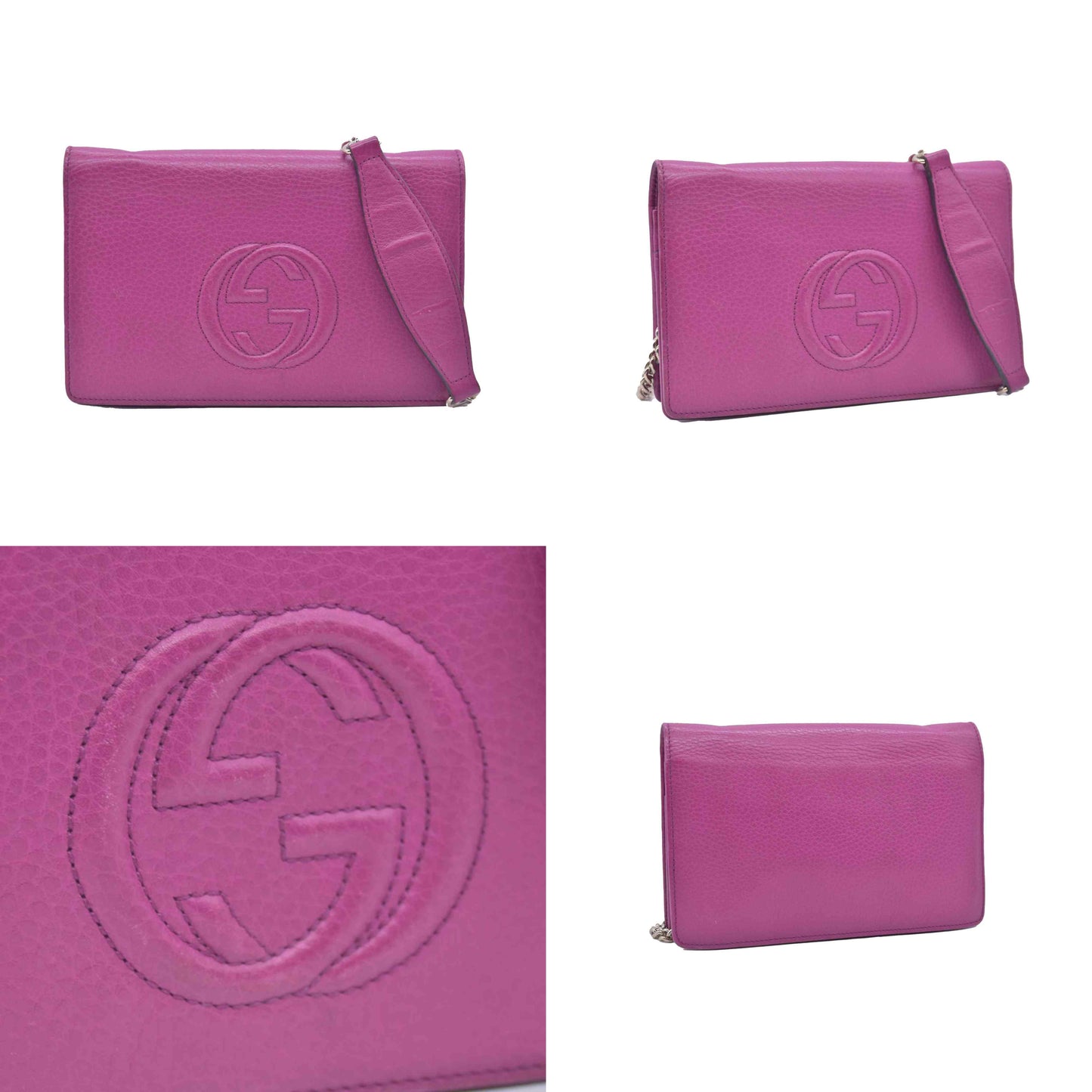 $850 Gucci Pebbled Calfskin Soho Wallet On Chain Fuchsia CONSIGNMENT