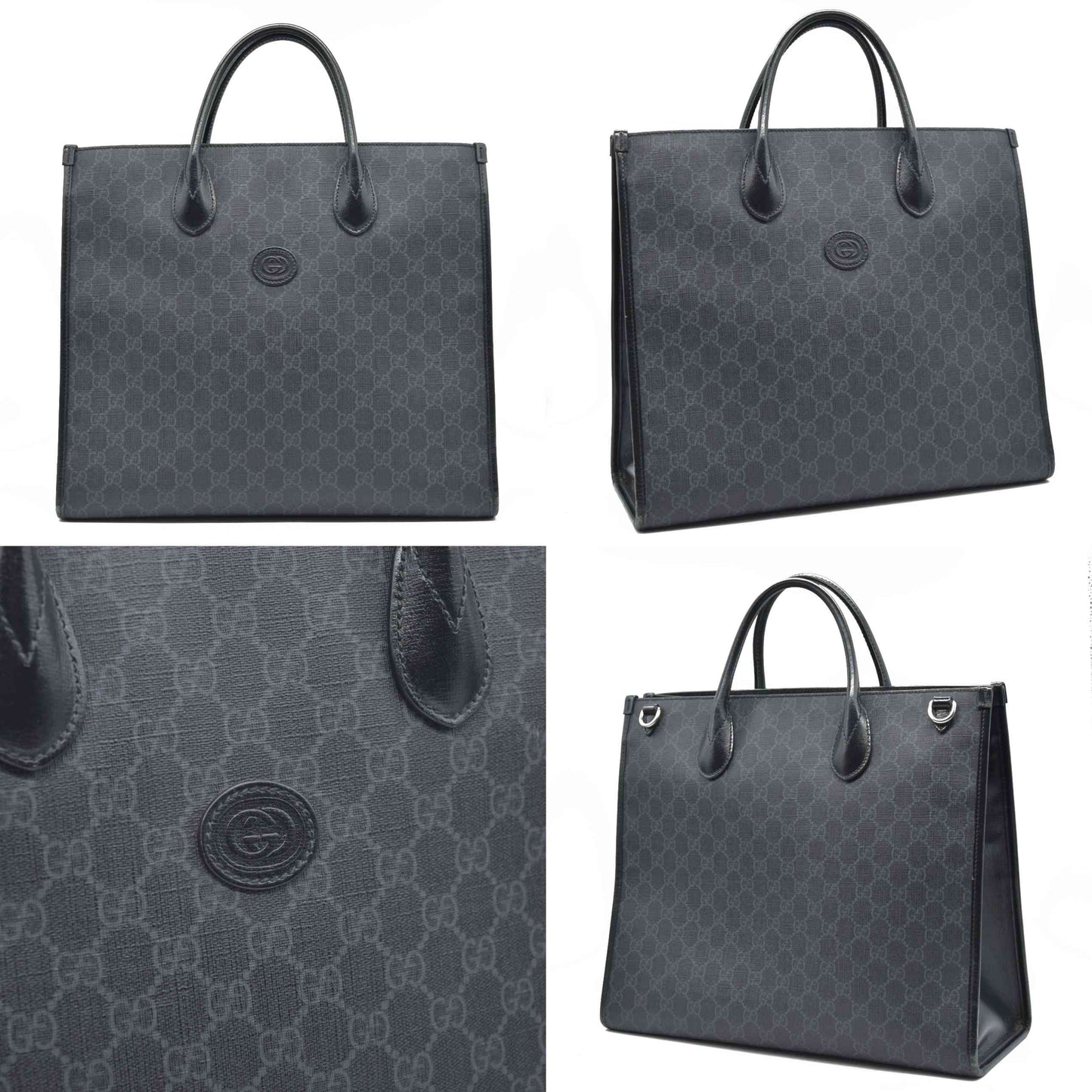 $2150 GUCCI GG Supreme Monogram Textured Dollar Calfskin Medium Retro Interlocking G Tote Bag in Black