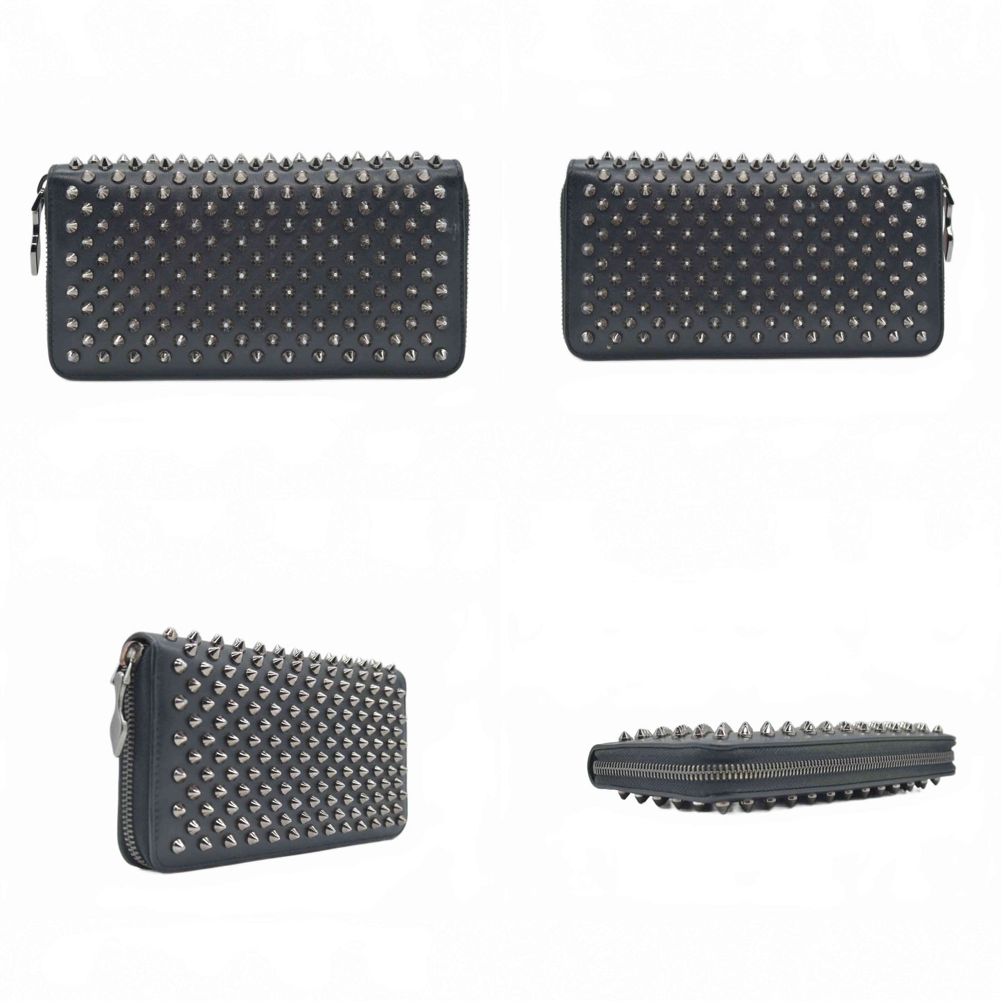 $950 Christian Louboutin Calfskin Panettone Spiked Zip Around Wallet Black