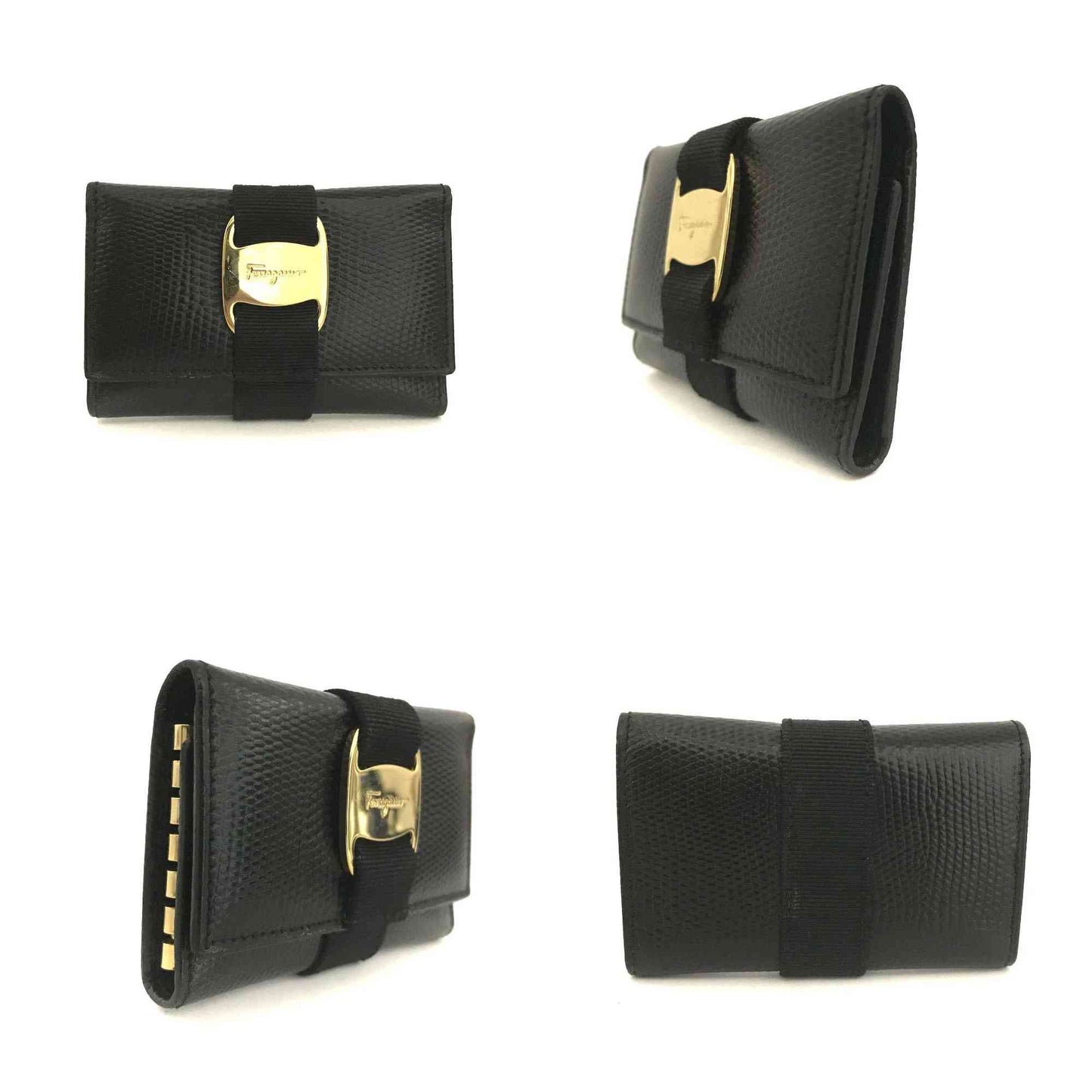 $380 Salvatore Ferragamo Vara Leather 6 Ring Key Case Black