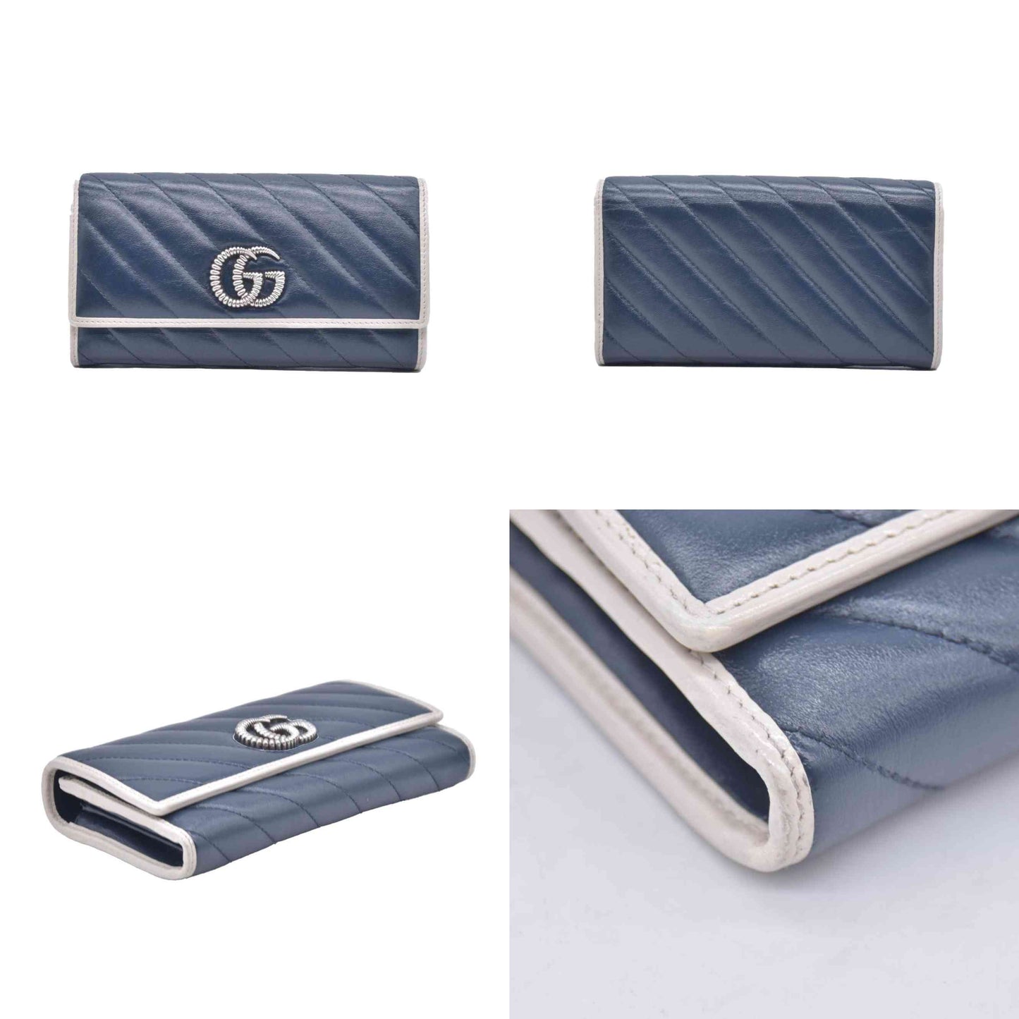 $795 Gucci Vintage Effect Calfskin matelasse Diagonal Torchon GG Marmont Continental Clutch Wallet Blue Agata Mystic White CONSIGNMENT