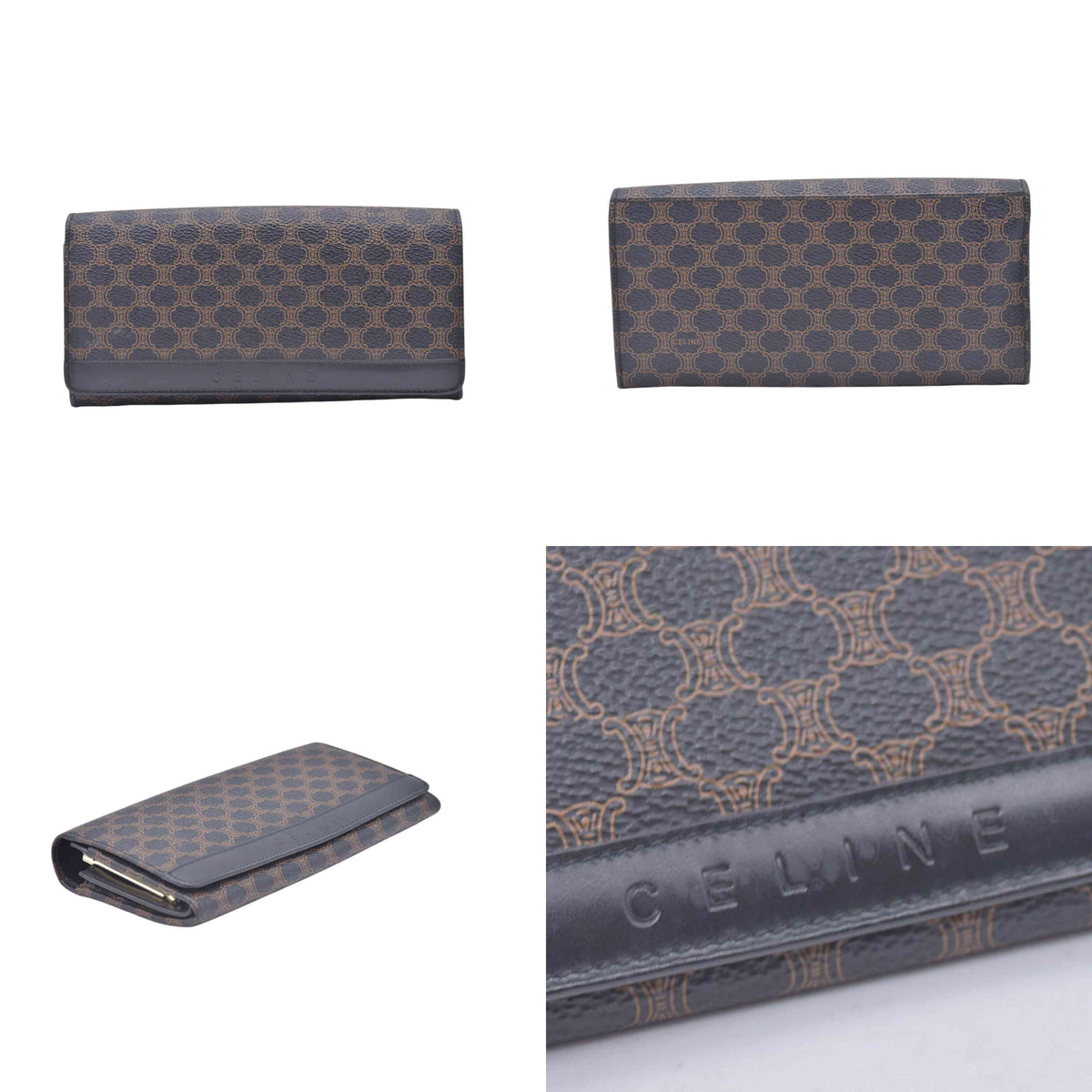 $650 CELINE Macadam Triomphe Canvas Kisslock Long Wallet Dark Brown CONSIGNMENT 10021203
