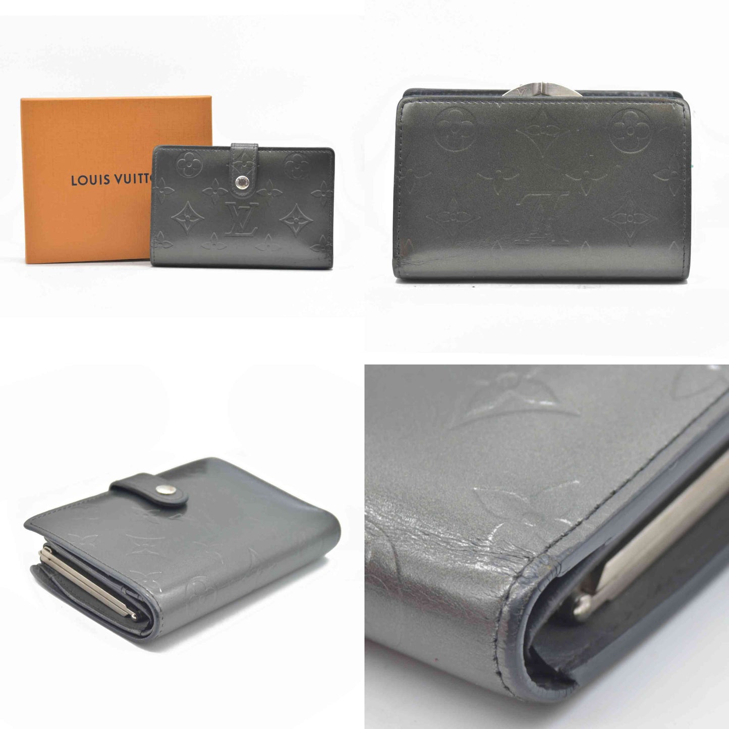 $935 LOUIS VUITTON Monogram Metallic Vernis Kisslock French Wallet Silver Grey MI1023