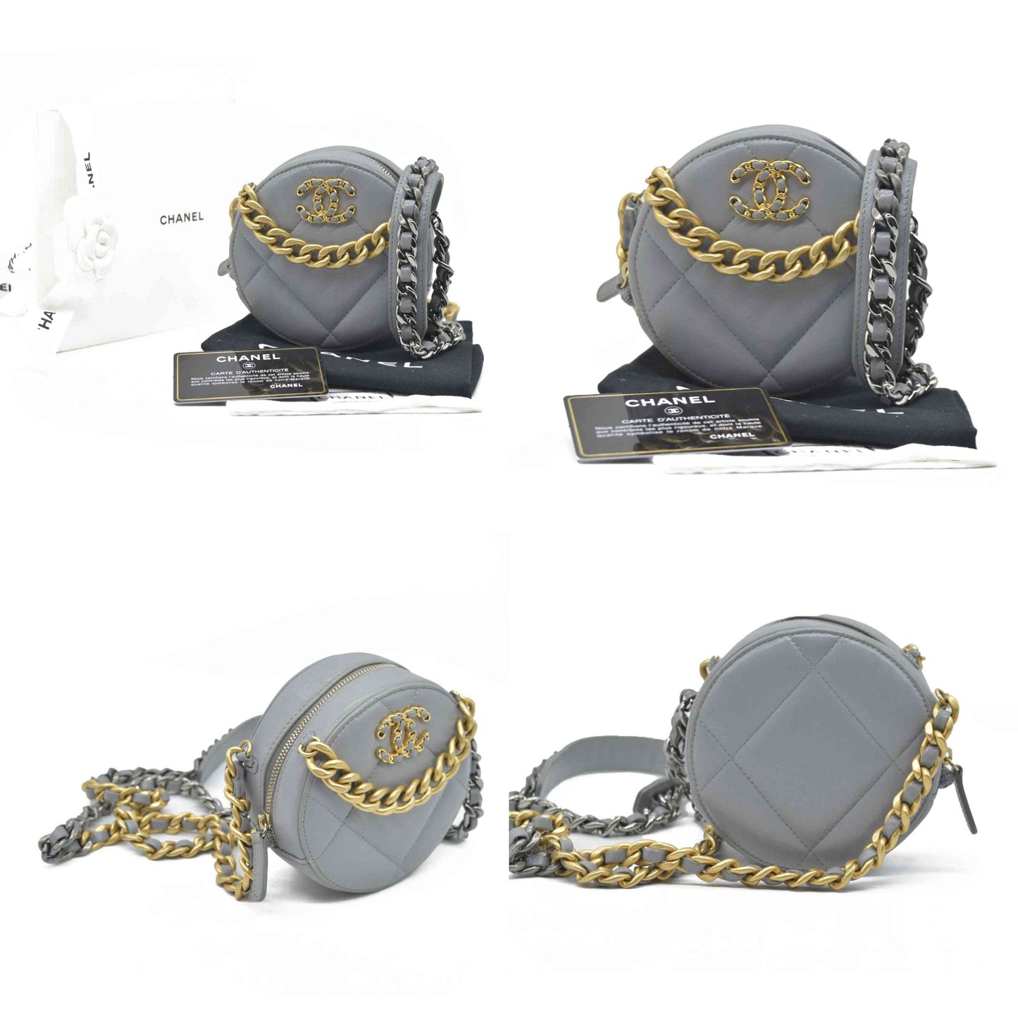 Chanel  Lambskin Quilted Chanel 19 Round Clutch With Chain Grey